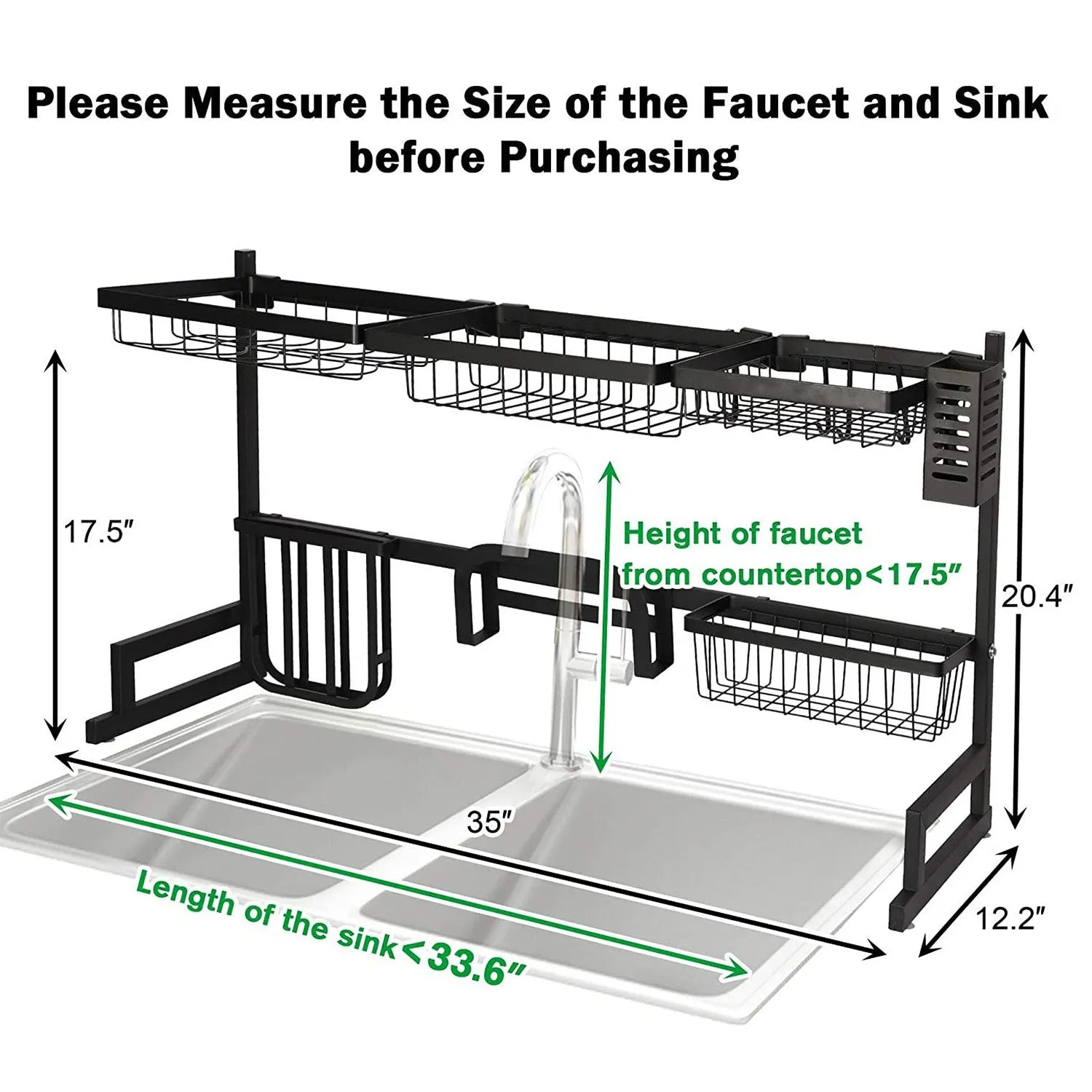 2 Tier Over Sink Dish Drying Rack 35"L with Multiple Baskets Utensil Holder Cup Holder