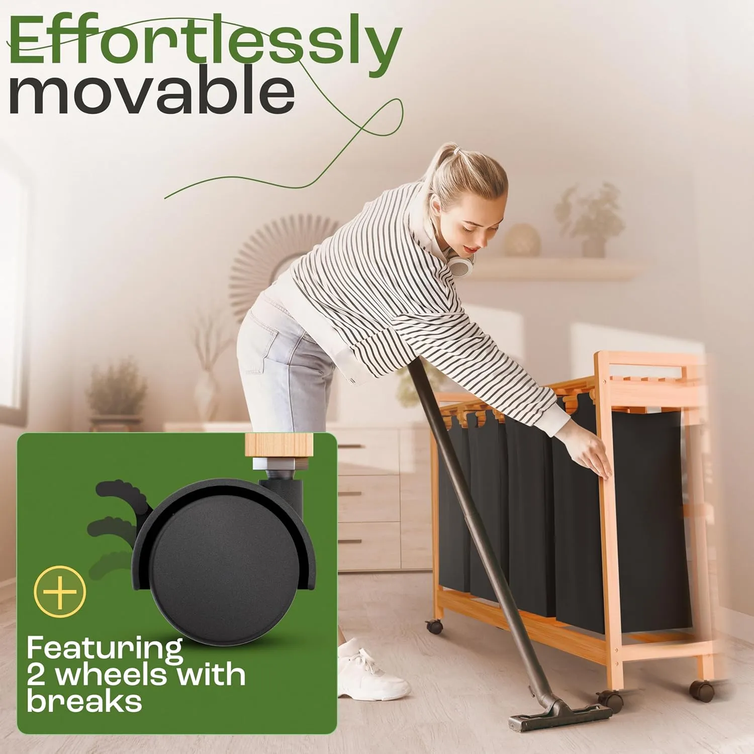 4-Section Laundry Sorter with Wheels – Removable Cotton Bags, Eco-Friendly Bamboo, Stylish Design