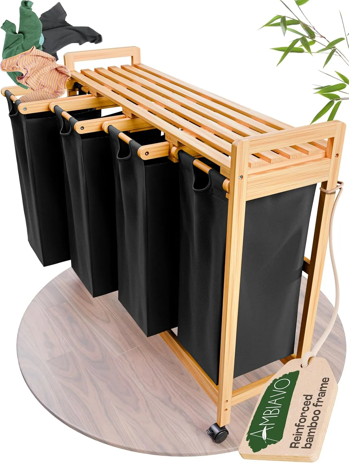 4-Section Laundry Sorter with Wheels – Removable Cotton Bags, Eco-Friendly Bamboo, Stylish Design