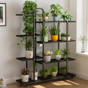 4 Tier 47.2 x 11.0 in Tiered Plant Stand Metal w Wheels Movable Black Plant Display Rack