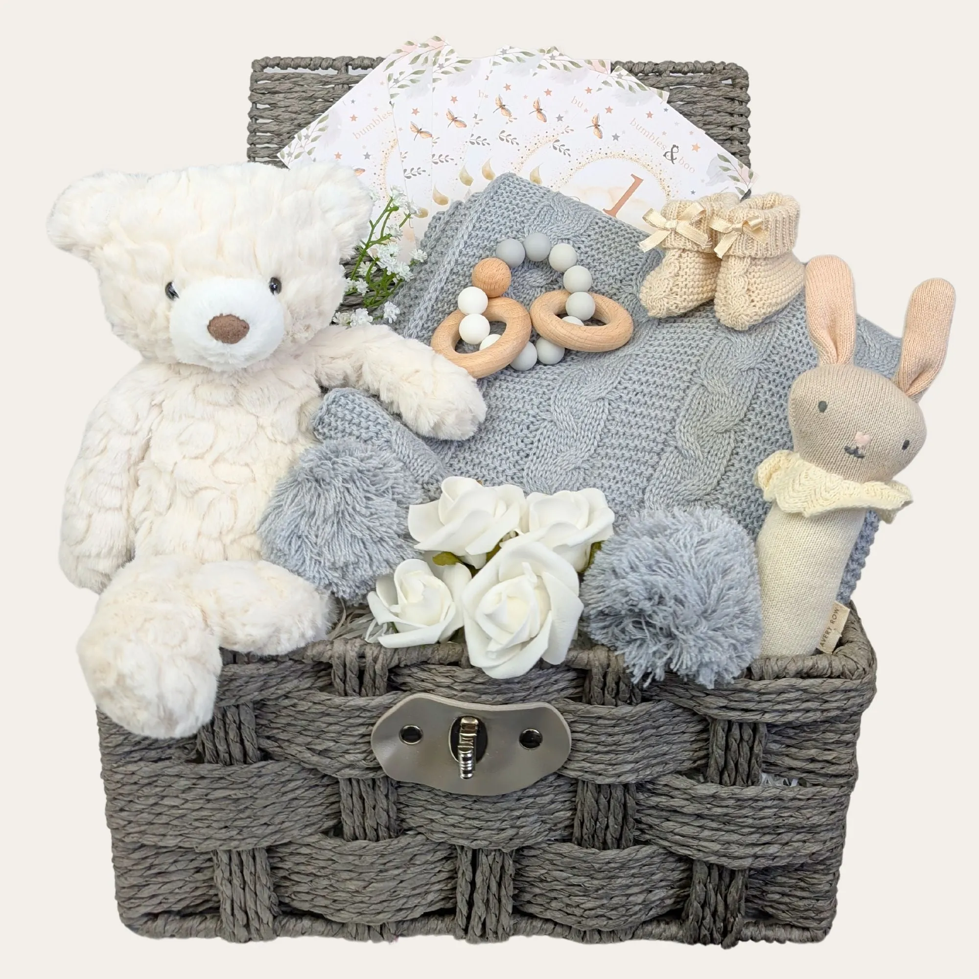 Baby Shower Gifts Basket Organic Bunny Rattle & Bear Comforter