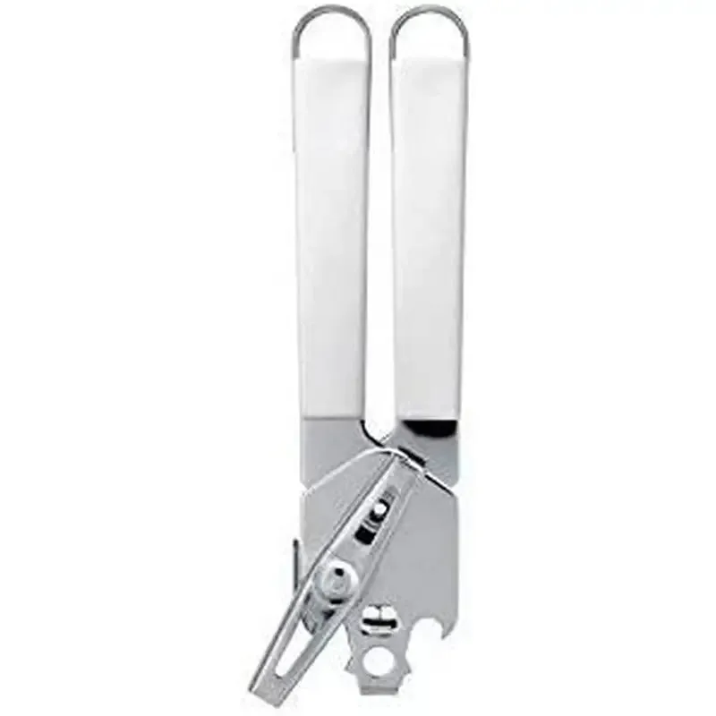 Brabantia’s Essential Line Stainless Steel Can Opener With White Handle & Chrome Turner