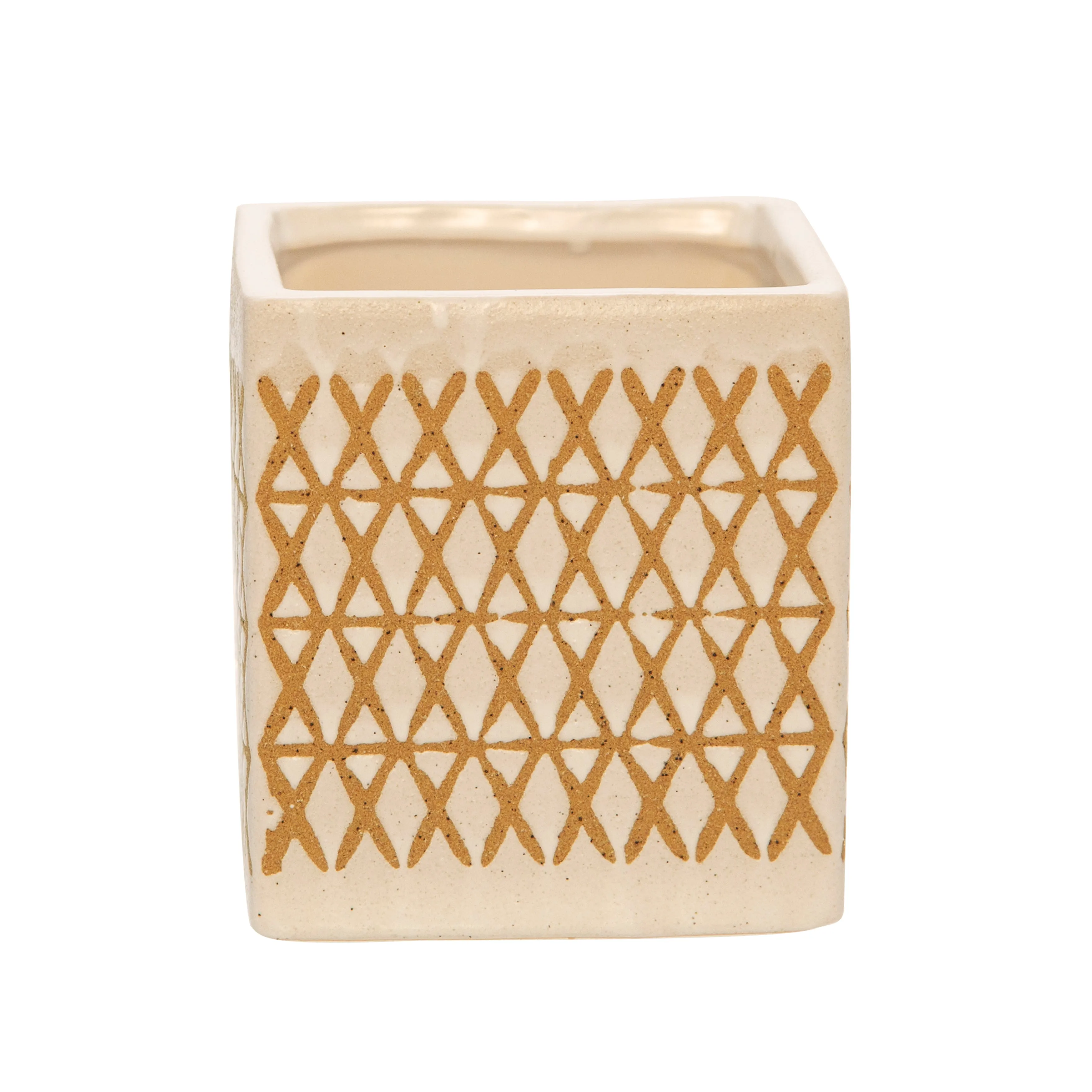 Ceramic 4" Square X-Design Pen Holder, Cream