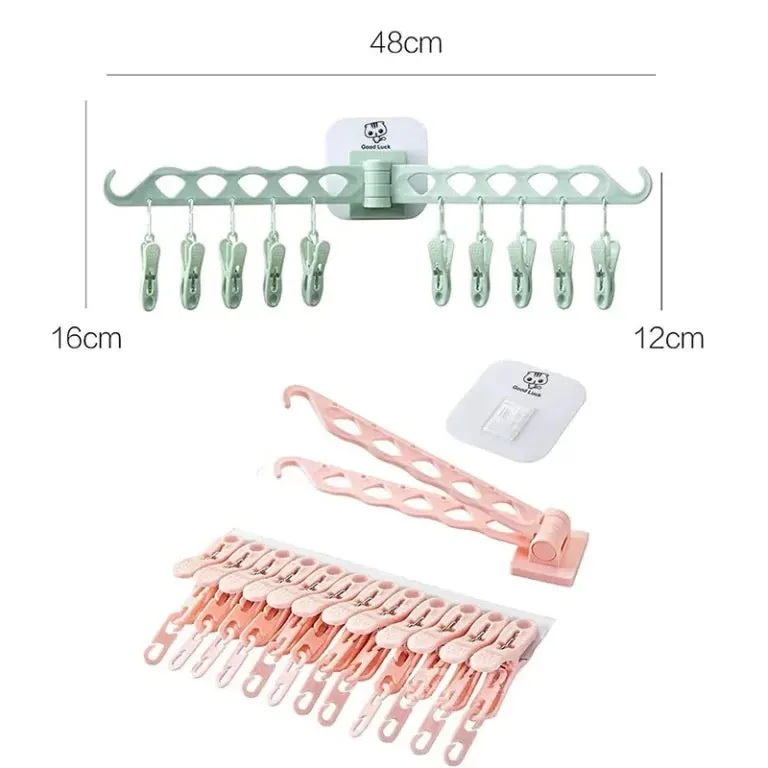 Cloth Hanger Adhesive Multi-Function Hanger With 10 Clip Wall Mounted Foldable Drying Racks