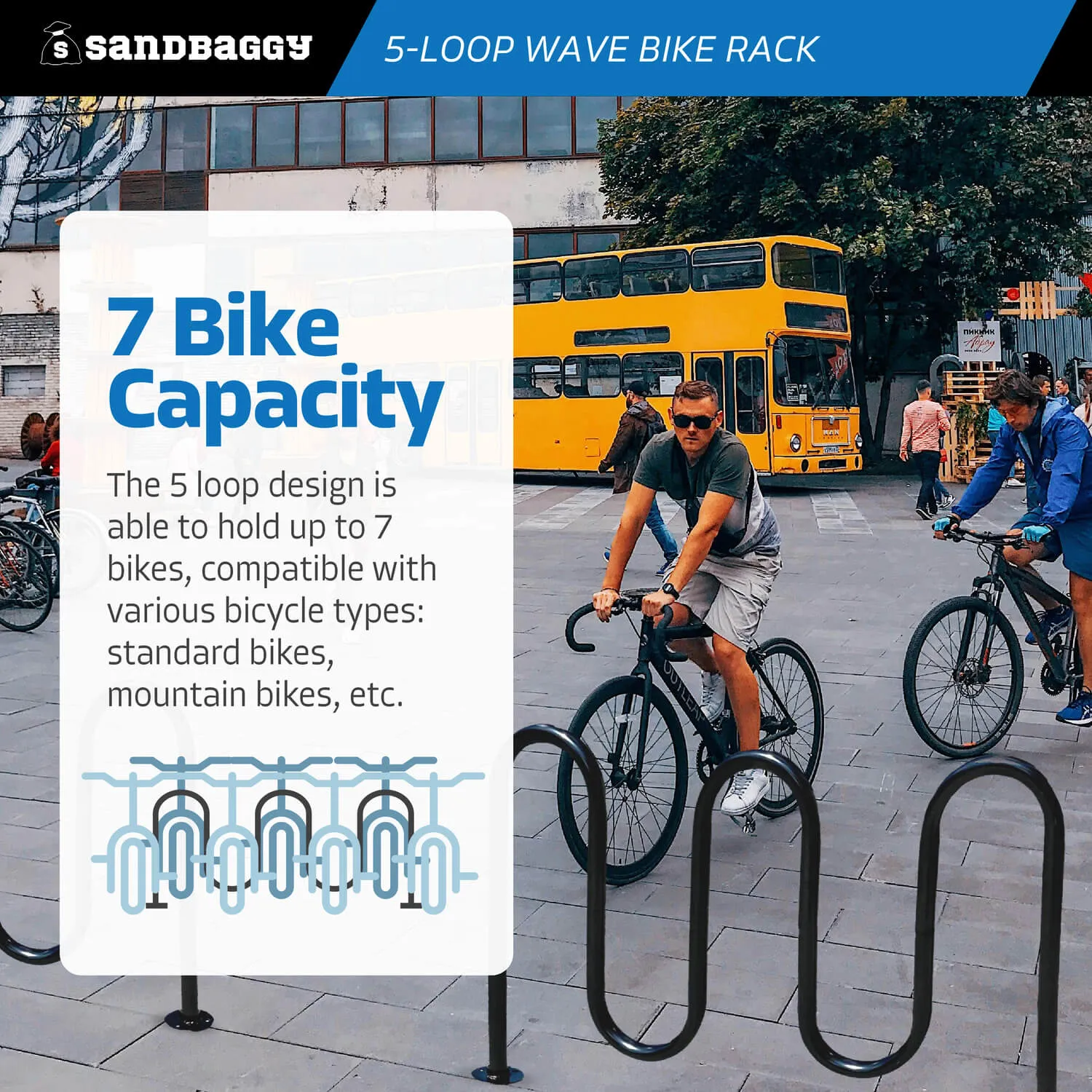 Commercial 5-Loop Wave Bike Rack - 7 Bike Capacity