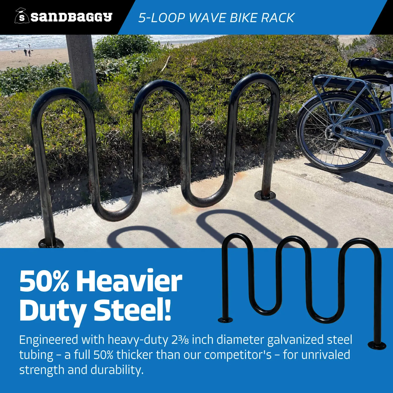 Commercial 5-Loop Wave Bike Rack - 7 Bike Capacity