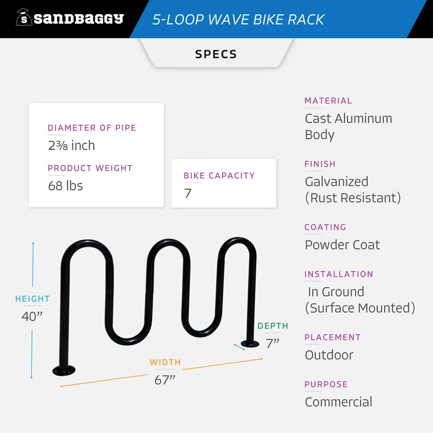 Commercial 5-Loop Wave Bike Rack - 7 Bike Capacity