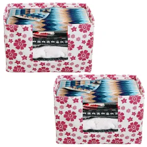 Heart Home Flower Printed Non-Woven Foldable Saree Stacker, Wardrobe Organizer, Storage Bin With Handle- Pack of 2 (Pink)-HS43HEARTH26360