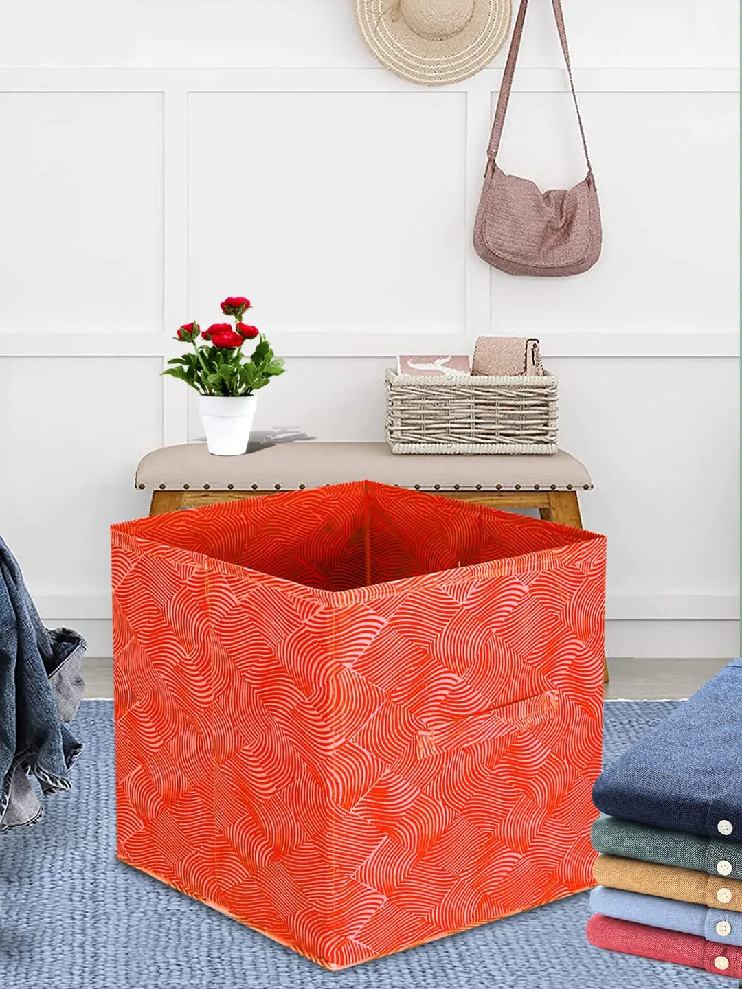 Heart Home Lehariya Printed Non-Woven Foldable Storage Bin/Cube/Organizer For Toys, Clothes And Books With Handles- Pack of 3 (Orange) -HS43HEARTH26234