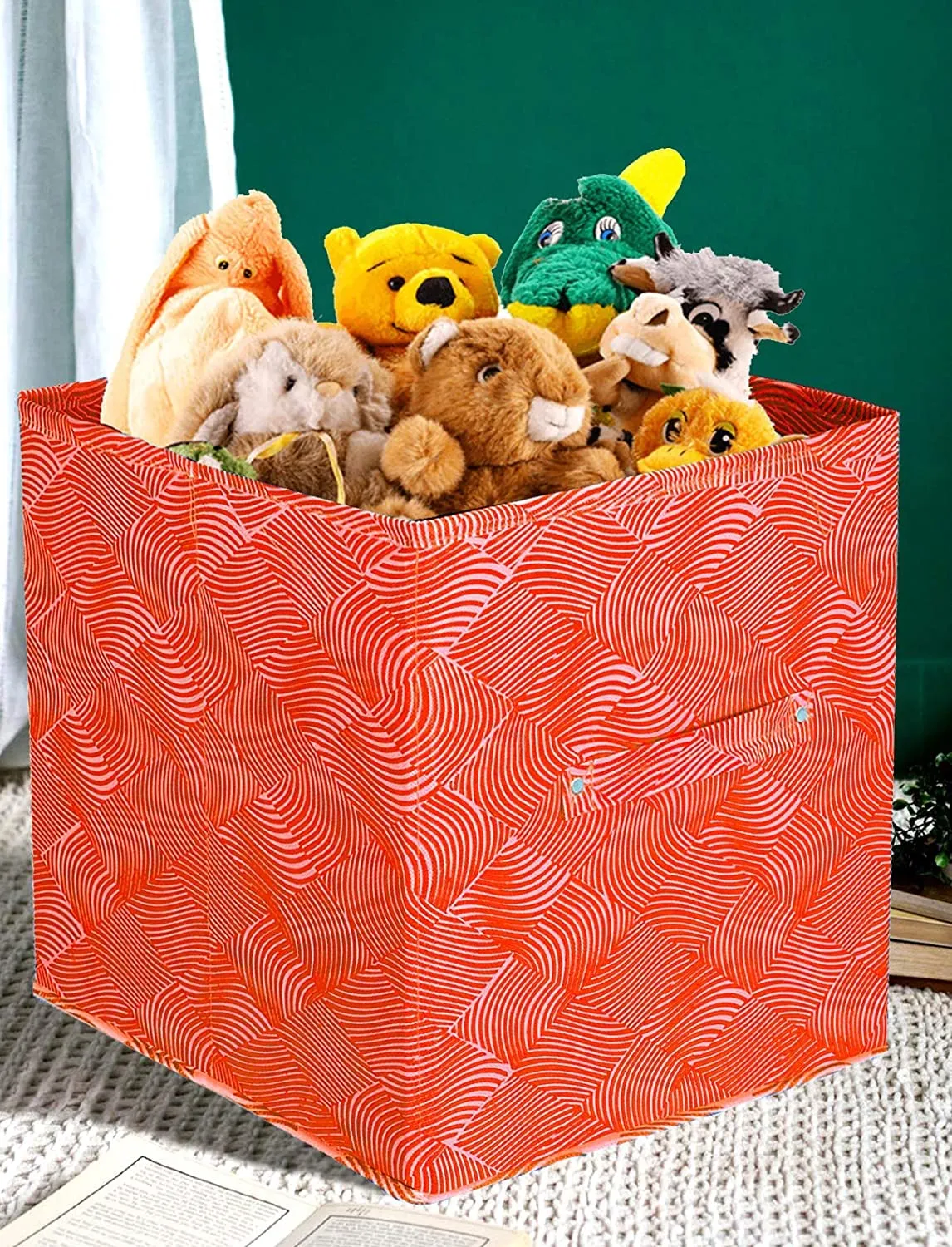 Heart Home Lehariya Printed Non-Woven Foldable Storage Bin/Cube/Organizer For Toys, Clothes And Books With Handles- Pack of 3 (Orange) -HS43HEARTH26234