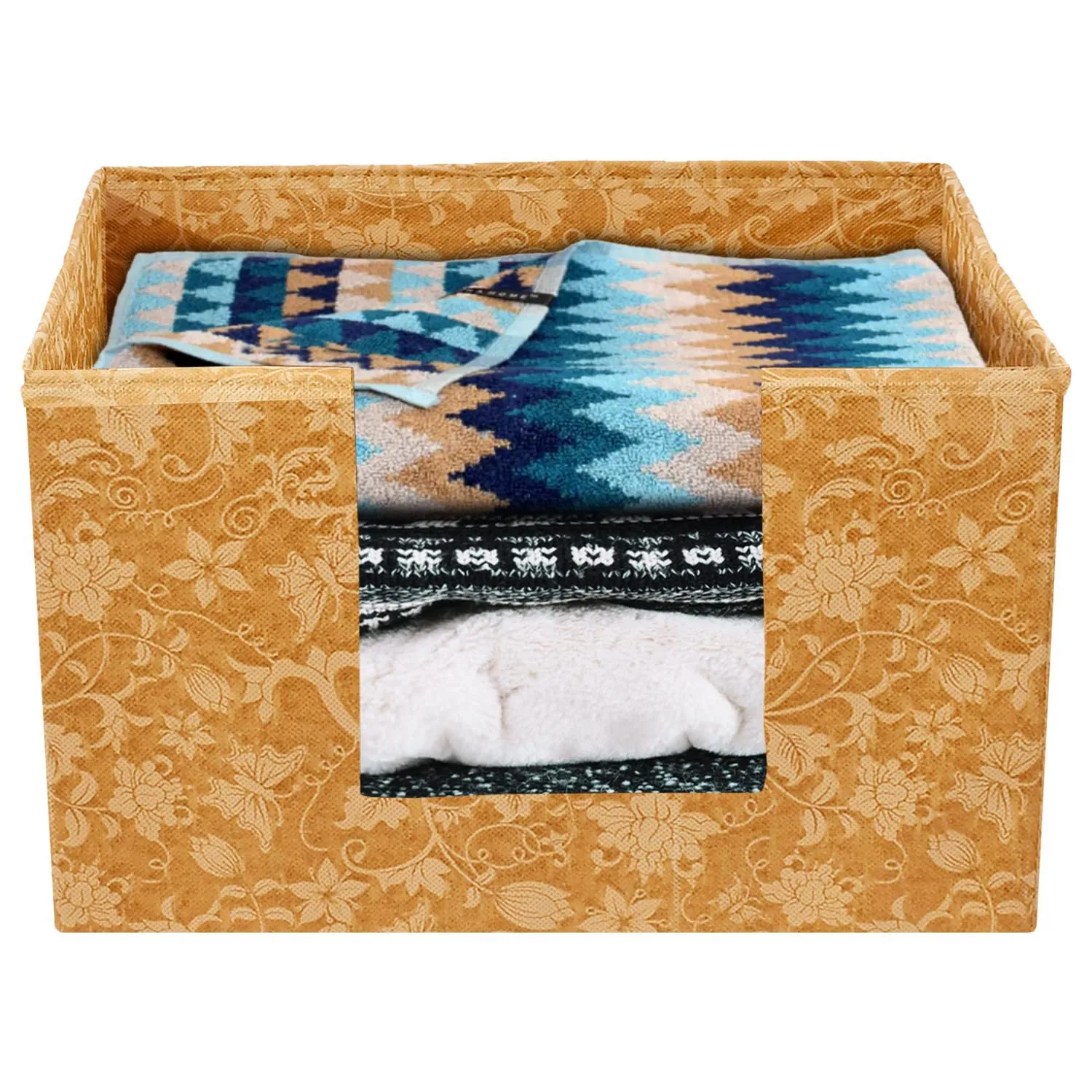 Heart Home Metallic Flower Printed Non-Woven Foldable Saree Stacker, Wardrobe Organizer, Storage Bin With Handle- Pack of 3 (Brown)-HS43HEARTH26400