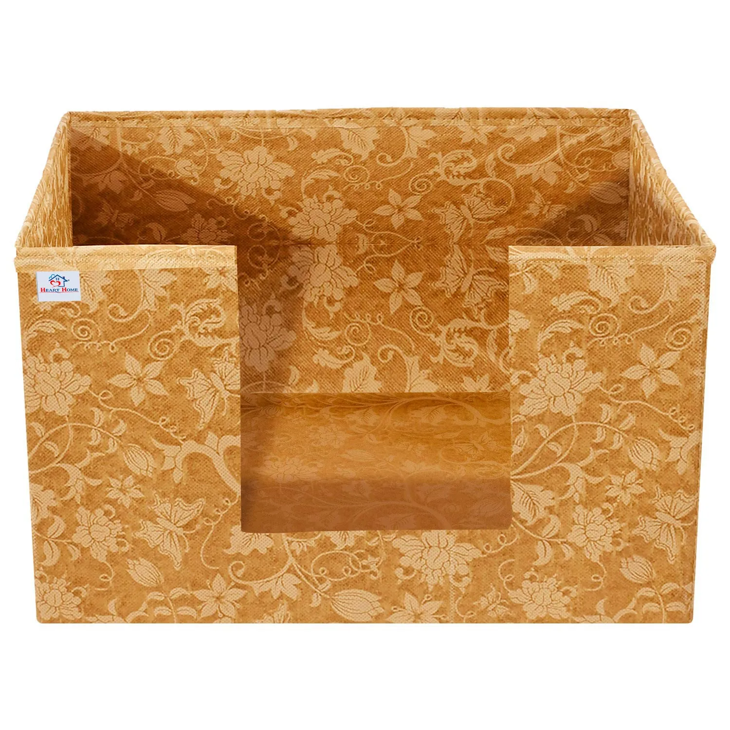 Heart Home Metallic Flower Printed Non-Woven Foldable Saree Stacker, Wardrobe Organizer, Storage Bin With Handle- Pack of 3 (Brown)-HS43HEARTH26400