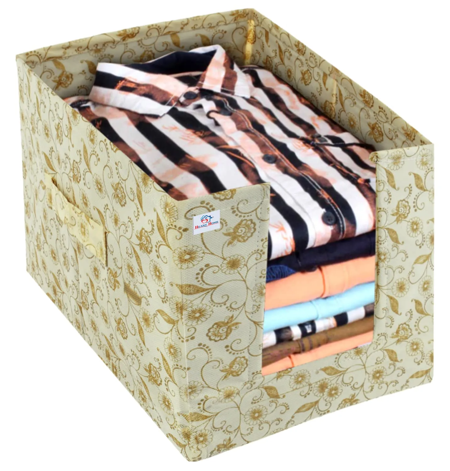 Heart Home Metallic Flower Printed Non-Woven Foldable Shirt Stacker Closet Organizer With Handles- Pack of 6 (Cream)-HS43HEARTH26454