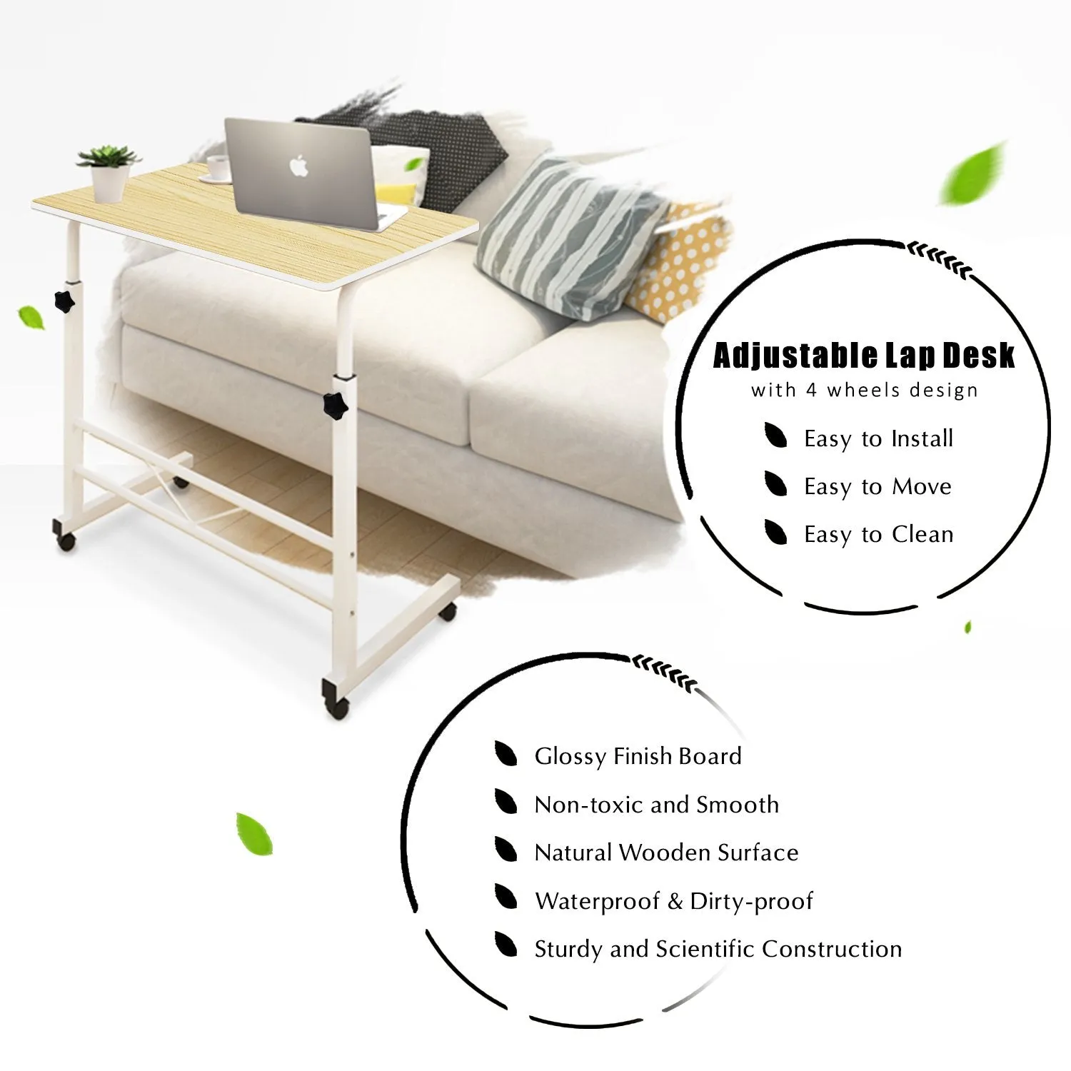 Kawachi Portable Height Adjustable Bedside Patient Tray Overbed Laptop Study Table KW10-Beige