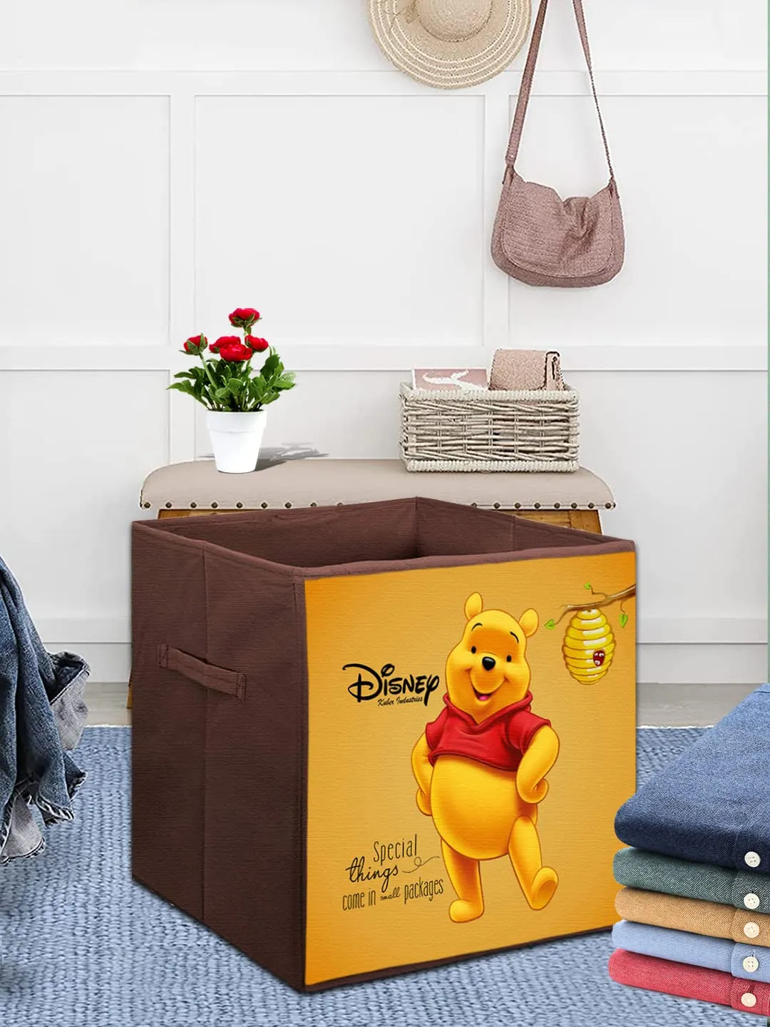 Kuber Industries Disney Winnie-The-Pooh Printed Multipurposes Storage Box/Organizer With Handles- Pack of 4 (Brown) -HS43KUBMART26287