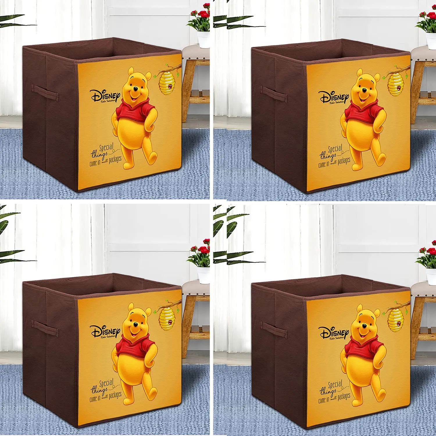 Kuber Industries Disney Winnie-The-Pooh Printed Multipurposes Storage Box/Organizer With Handles- Pack of 4 (Brown) -HS43KUBMART26287