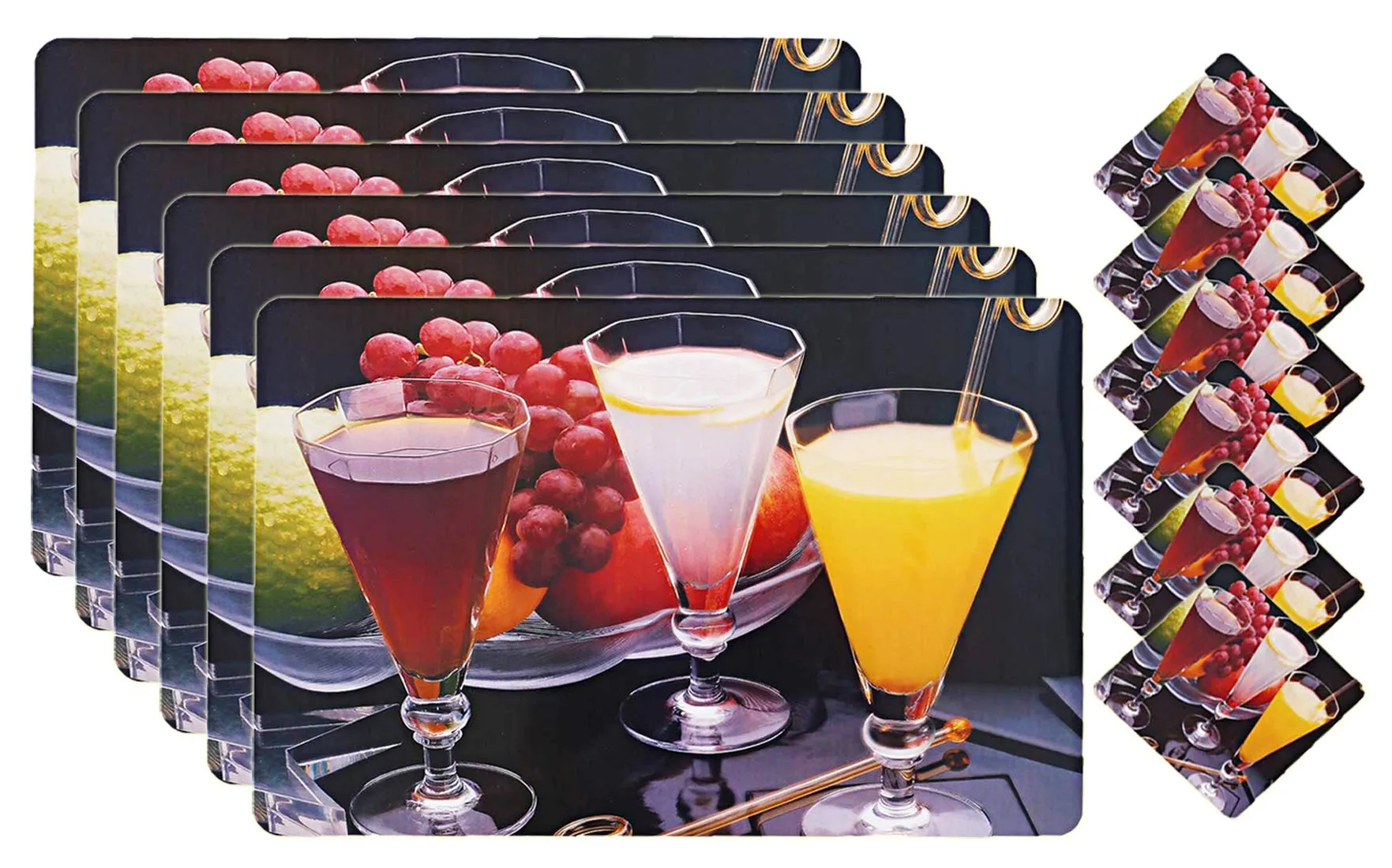 Kuber Industries Juice Glass Design PVC 6 Piece Dining Table Placemat Set with Tea Coasters (Multicolor)-CTKTC32189