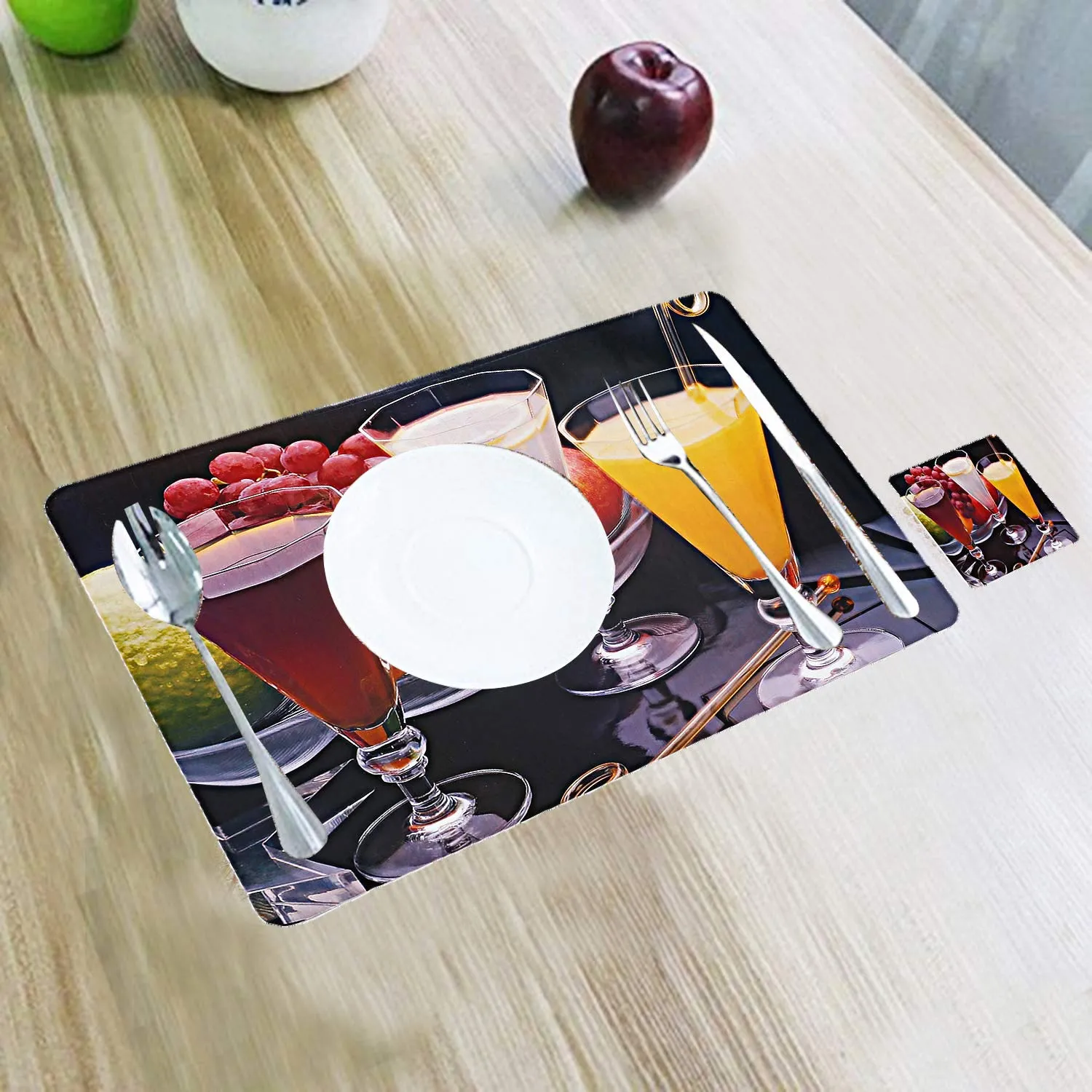 Kuber Industries Juice Glass Design PVC 6 Piece Dining Table Placemat Set with Tea Coasters (Multicolor)-CTKTC32189