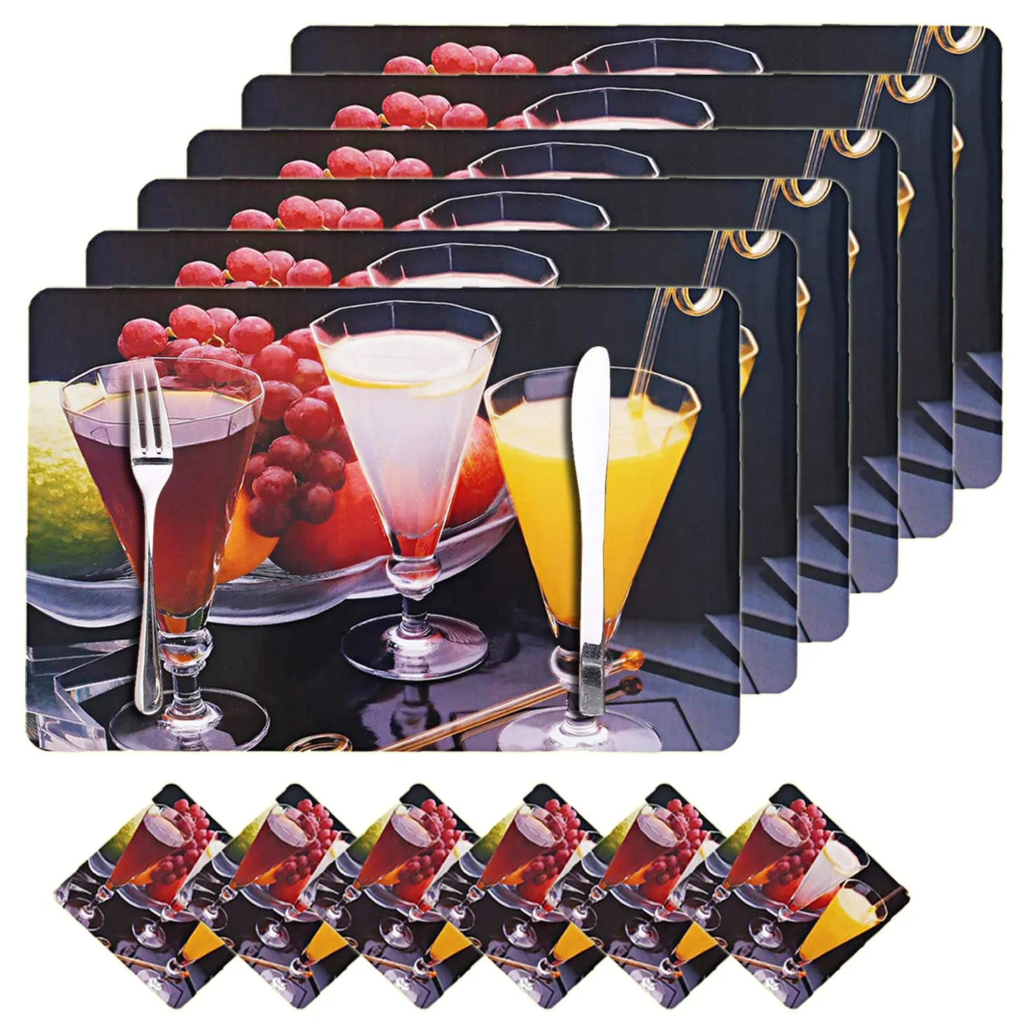 Kuber Industries Juice Glass Design PVC 6 Piece Dining Table Placemat Set with Tea Coasters (Multicolor)-CTKTC32189