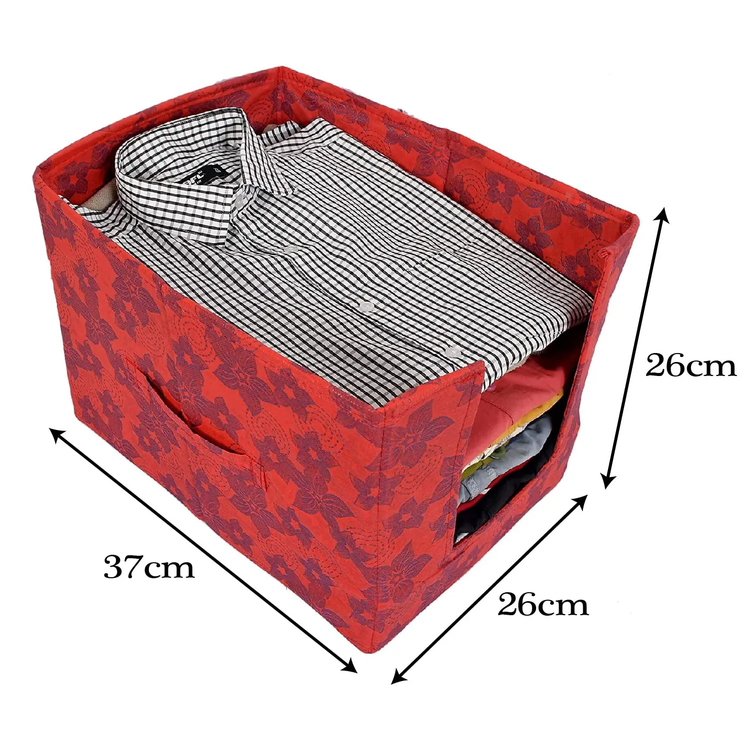 Kuber Industries Metallic Flower Printed Non-Woven Foldable Shirt Stacker Closet Organizer With Handles (Red)-HS43KUBMART26456