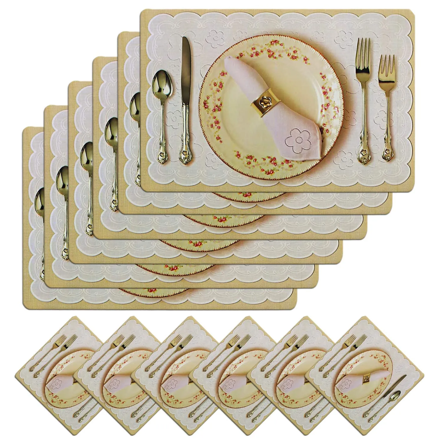 Kuber Industries PVC 6 Pieces Dining Table Placemats with 6 Pieces Tea Coaster (Multi) -CTKTC7036