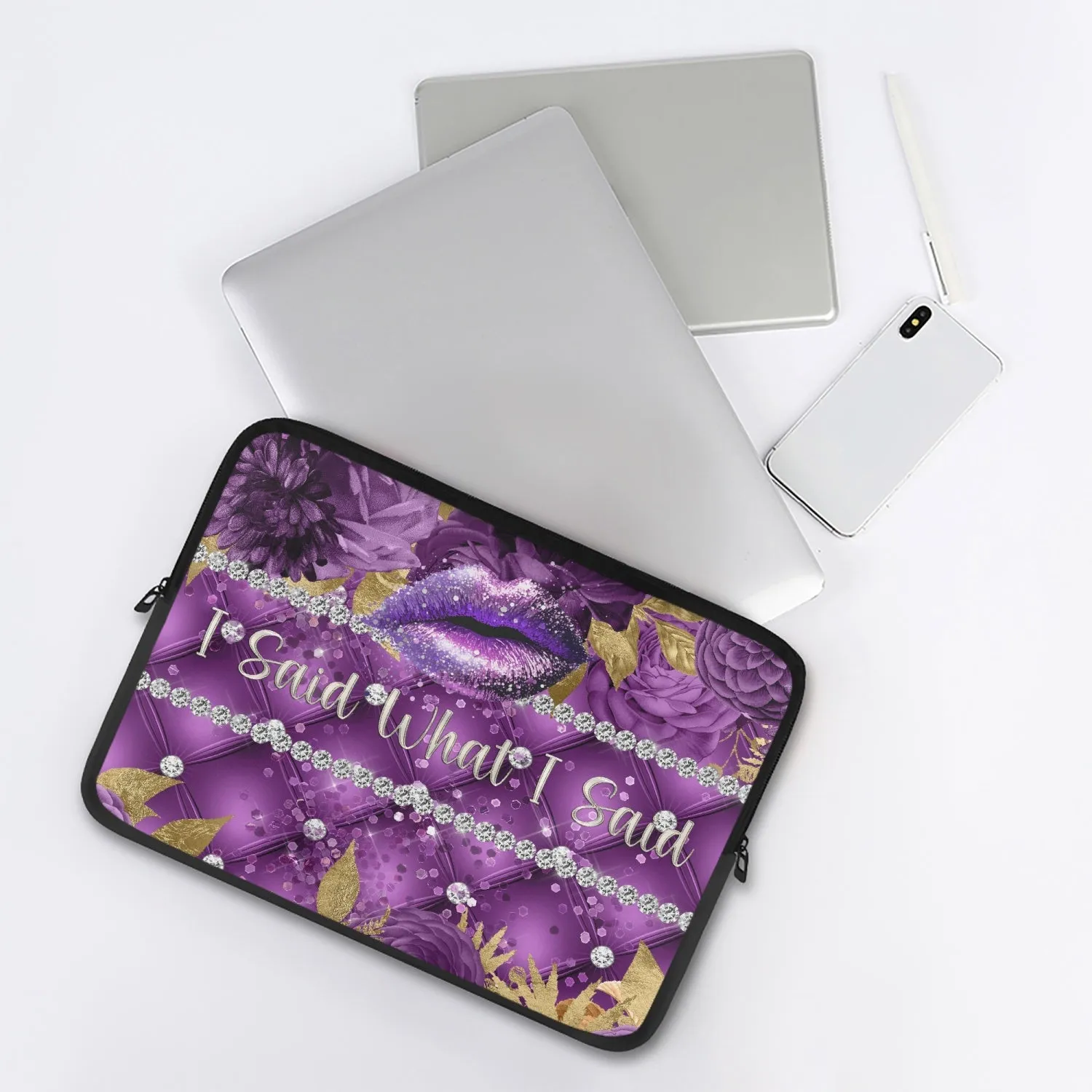 Laptop Sleeve - without handles - Purple Floral - Lips - I Said What I Said