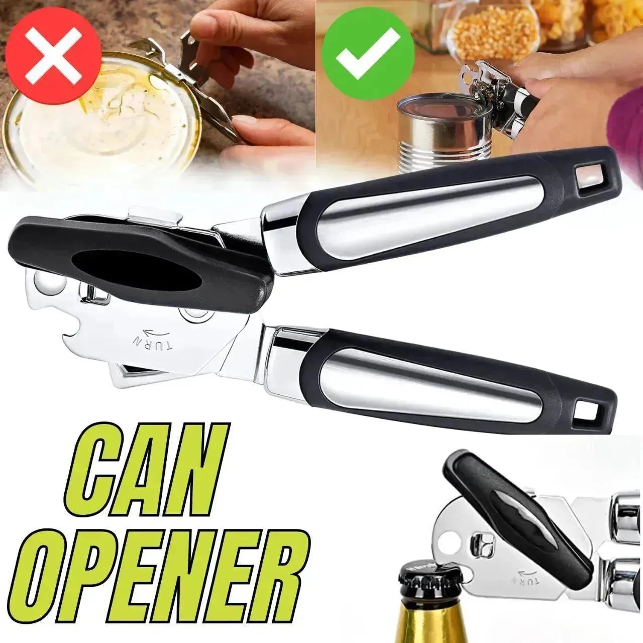 Manual Handheld Can Opener With Cutting Wheel Blade Lid Cap Opener