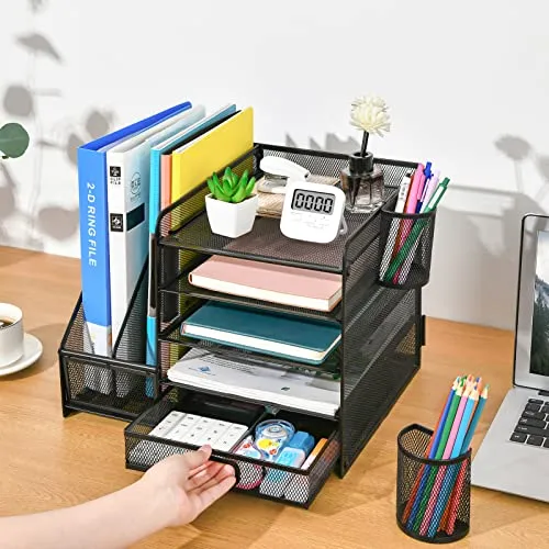 Marbrasse Desk Organizer with File Holder, 5-Tier Paper Letter Tray Organizer with Drawer and 2 Pen Holder, Mesh Desktop Organizer and Storage with Magazine Holder for Office Supplies(Black)