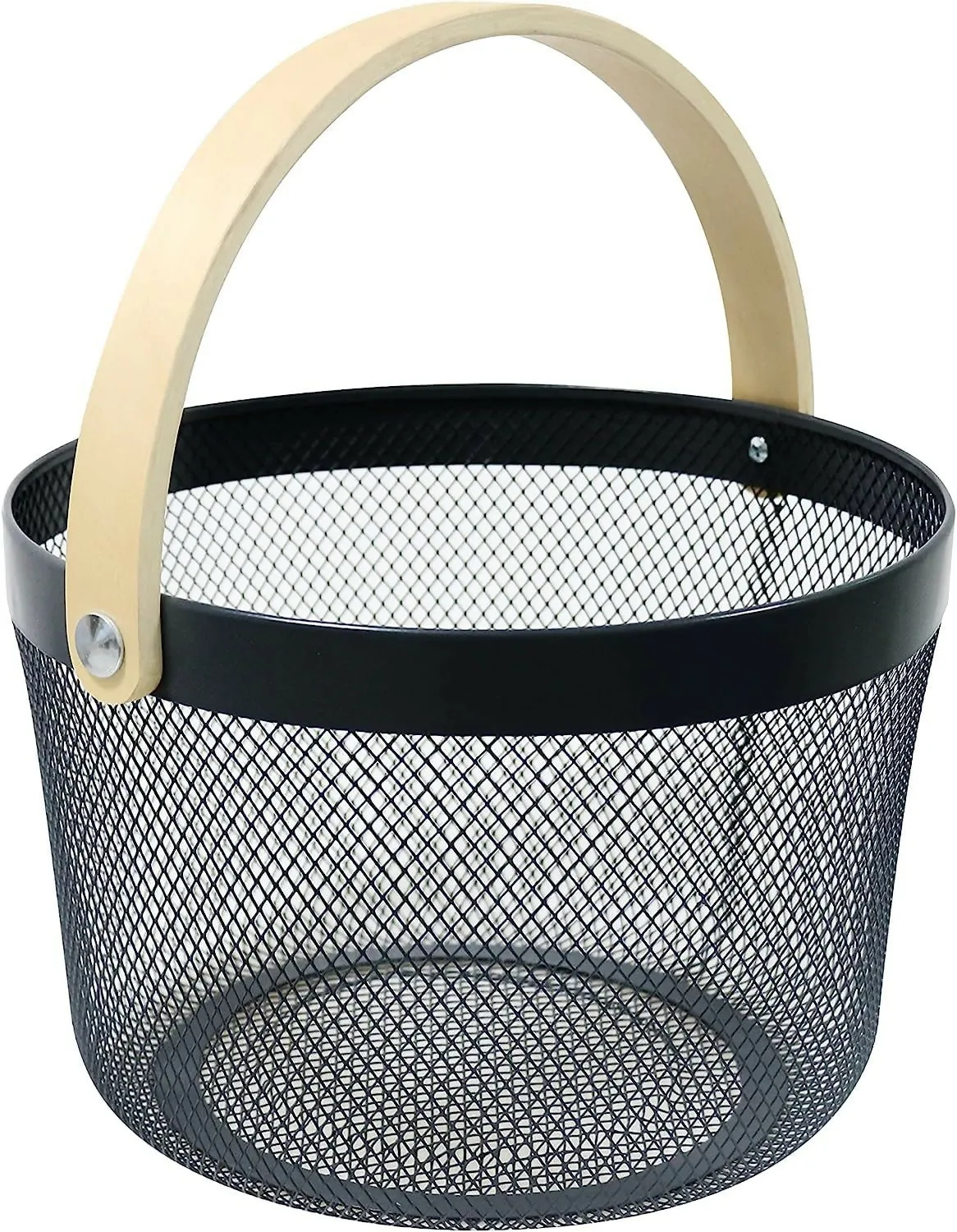 Mesh Steel Basket with Wooden Handle-13920Round Black