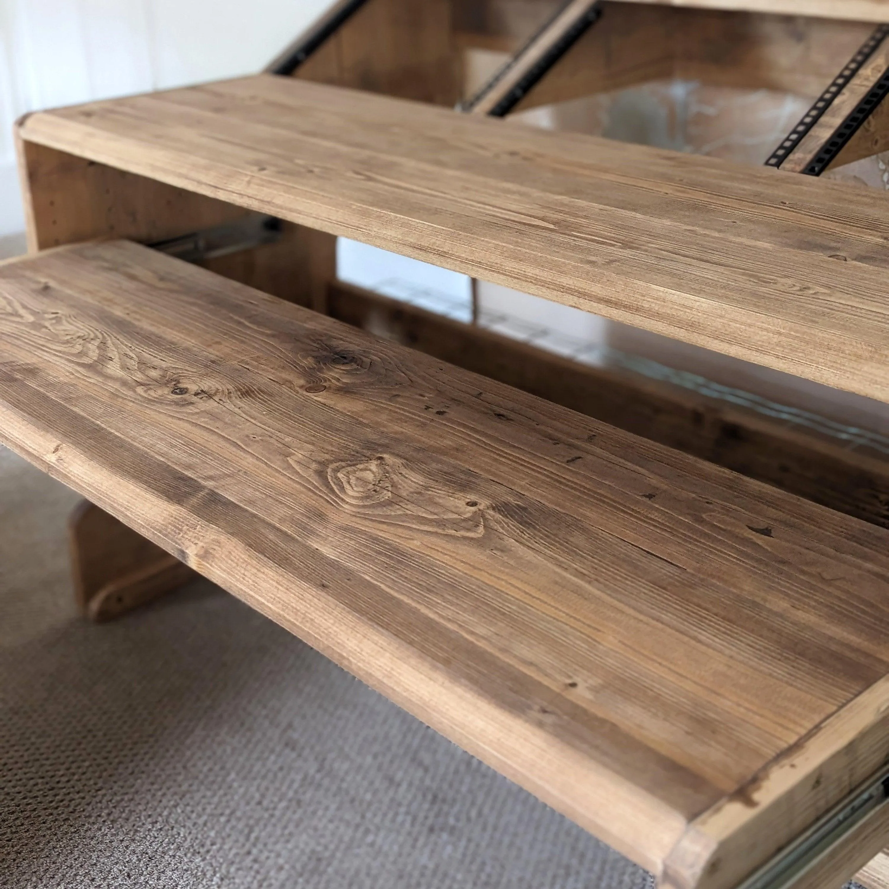 NOVA: Musician's Studio Desk with Rugged Keyboard Tray, Monitor Stand and 6U Racks, 3 Tiered made from Reclaimed Wood