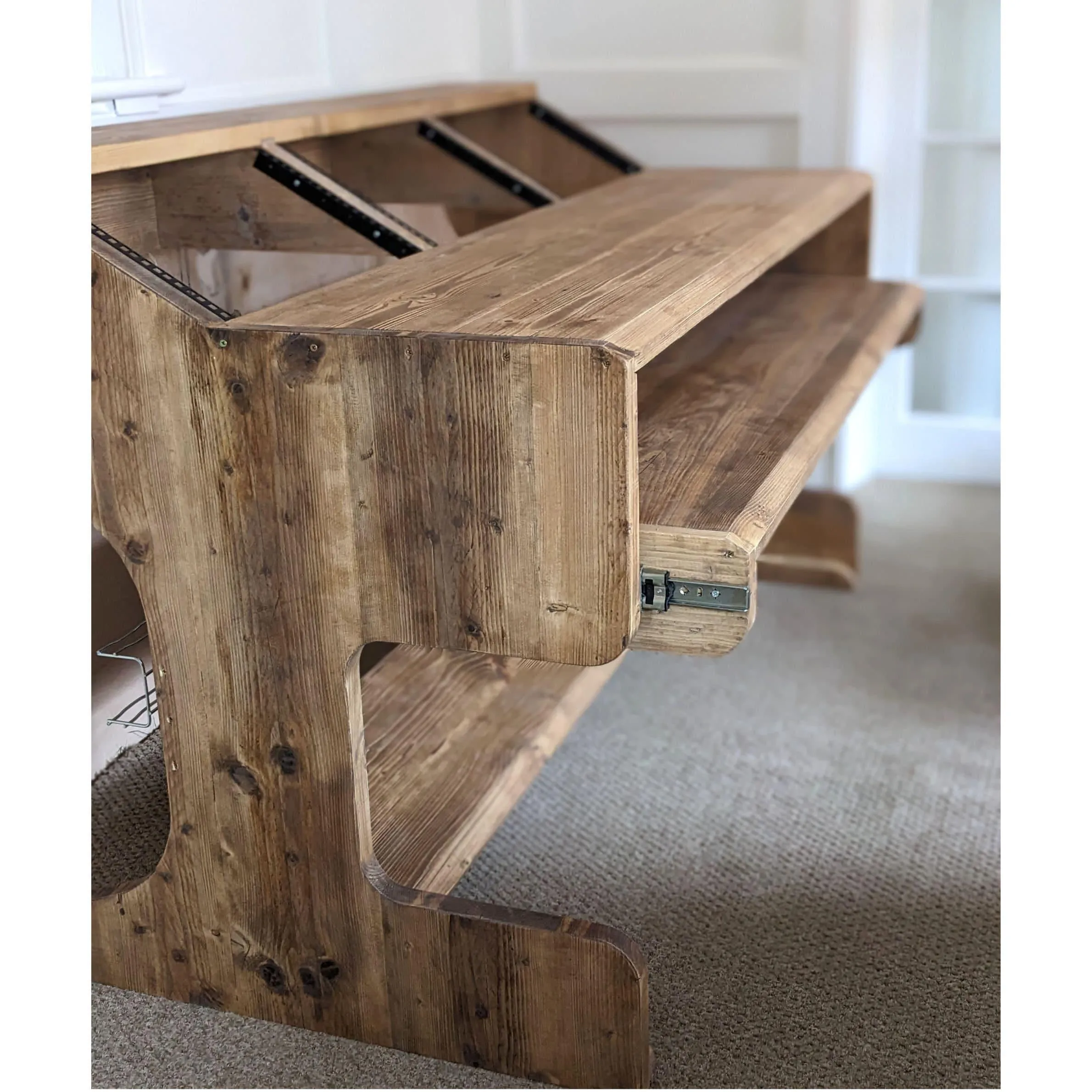 NOVA: Musician's Studio Desk with Rugged Keyboard Tray, Monitor Stand and 6U Racks, 3 Tiered made from Reclaimed Wood