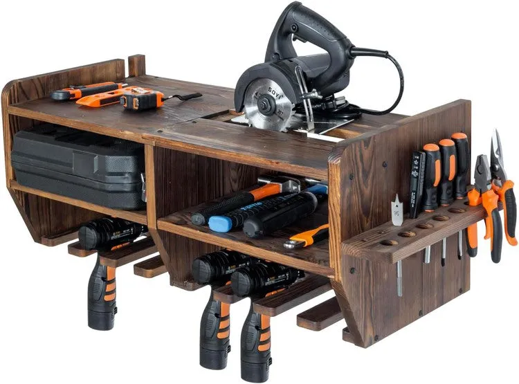 Power Tool Organizer, Wall Mounted Toolbox Storage Shelves, Drill and Hand Tool Hanging Slots Circular Saw Holder