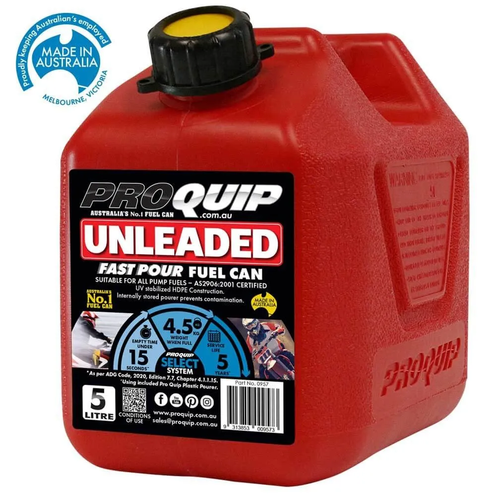 Pro Quip 5L Plastic Fast Pour Fuel Can - Unleaded Petrol Red - 0957