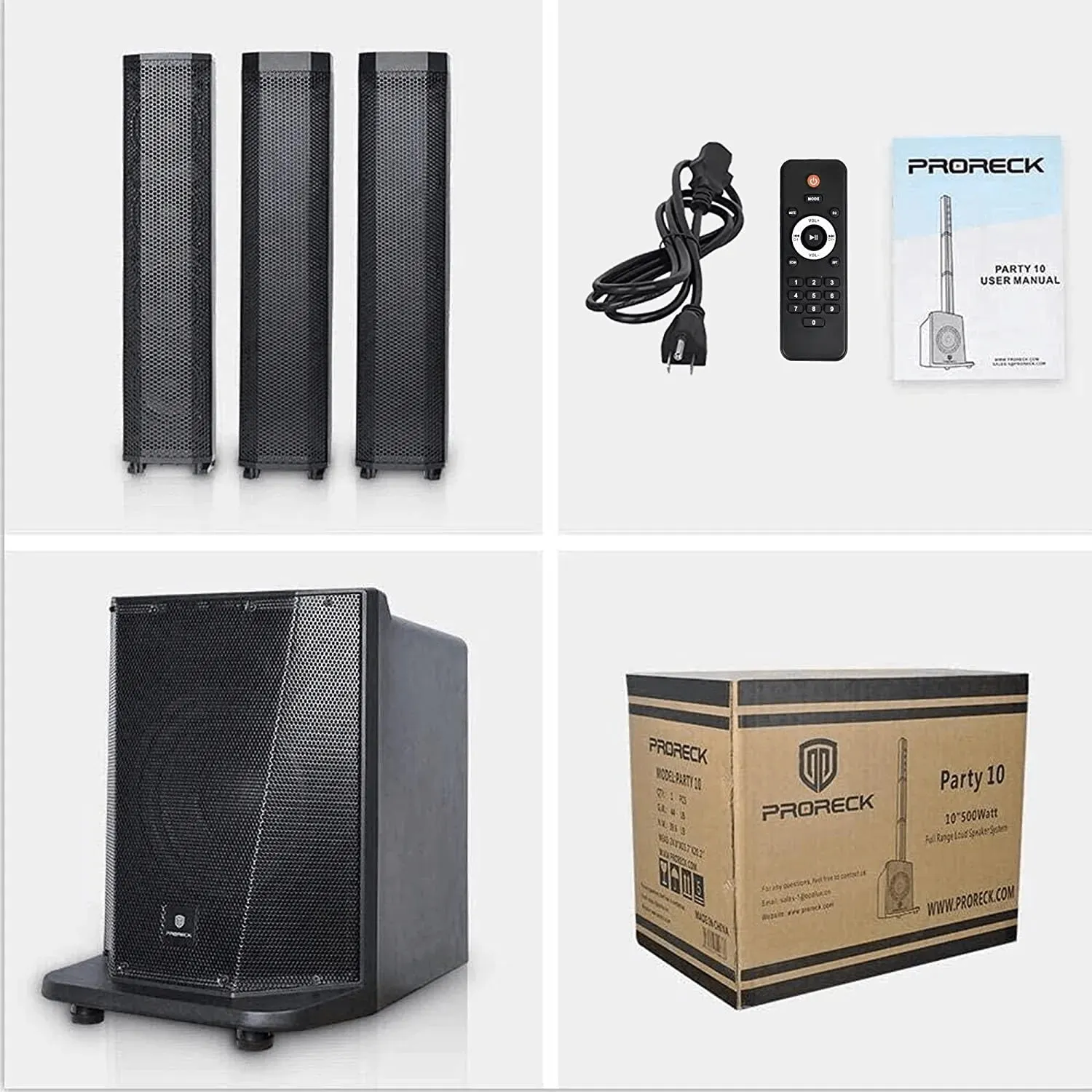 Proreck PARTY-10 PA Speaker System Tower Outdoor 10" Subwoofer 4" Tweeters Bluetooth and Remote New