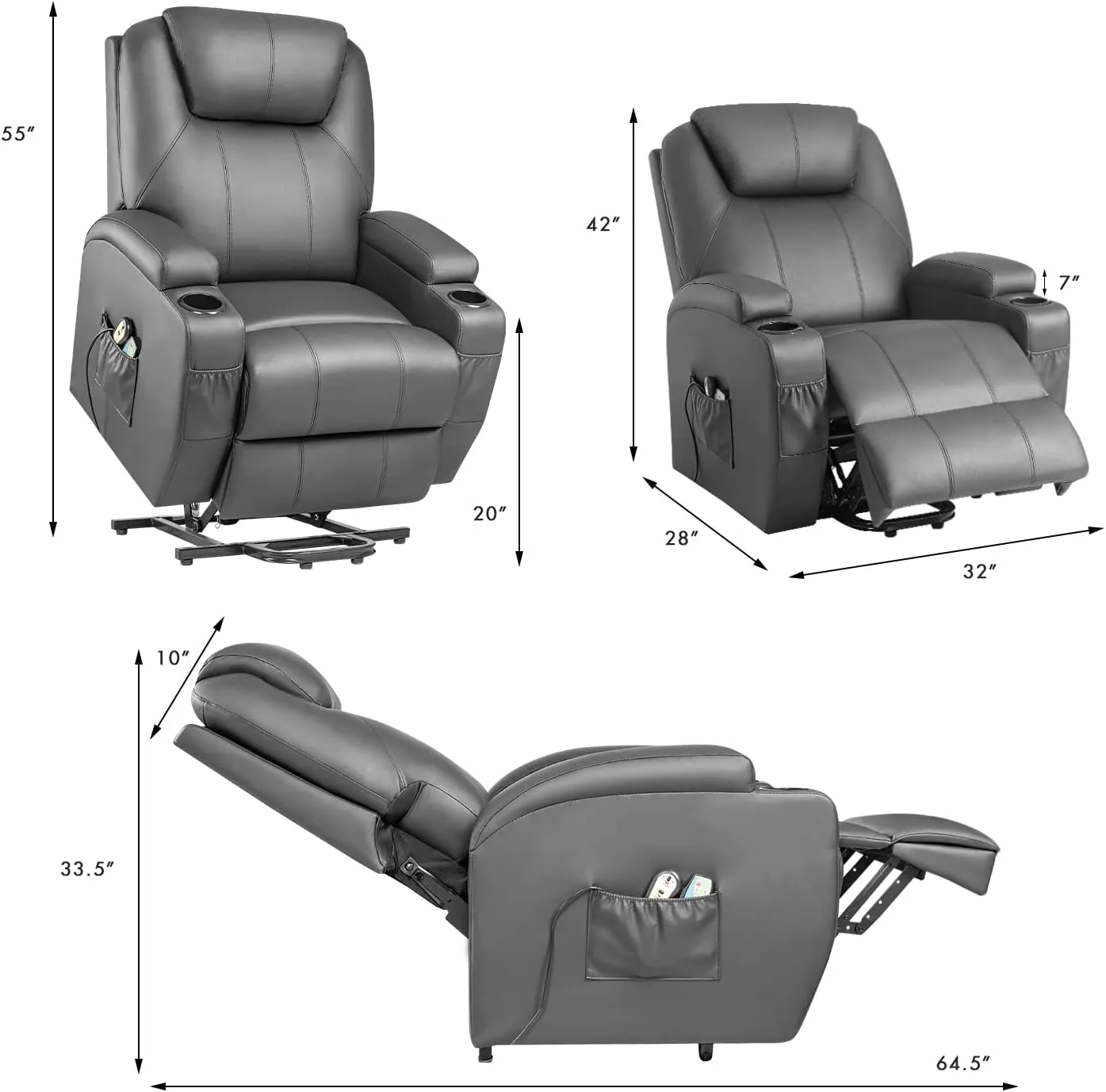 Reclining Lift Chair w/Massage and Heat Functions, PU Leather, Cup Holders