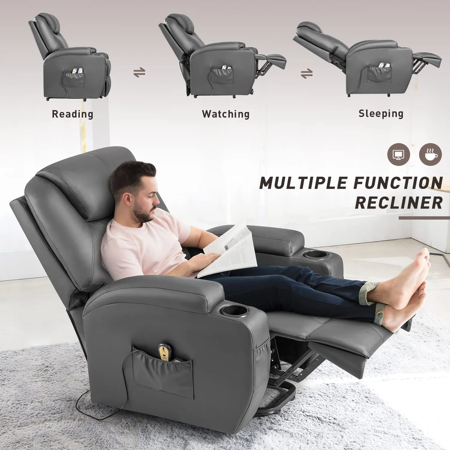 Reclining Lift Chair w/Massage and Heat Functions, PU Leather, Cup Holders