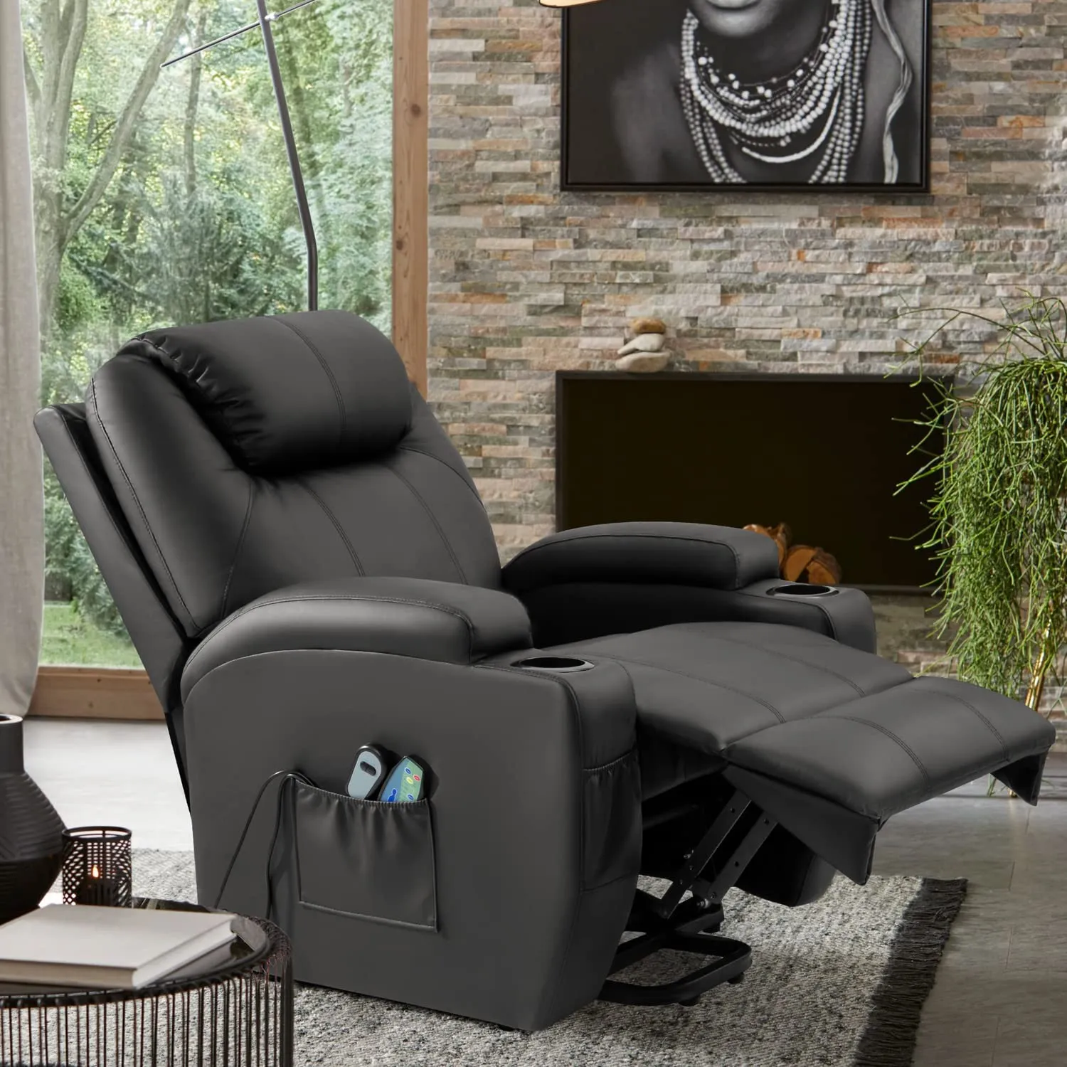 Reclining Lift Chair w/Massage and Heat Functions, PU Leather, Cup Holders