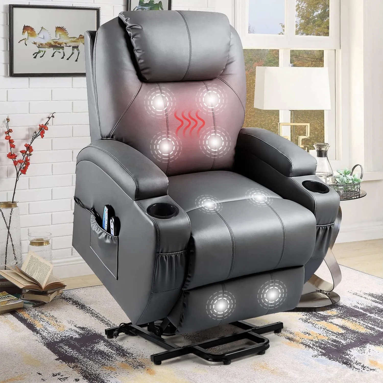 Reclining Lift Chair w/Massage and Heat Functions, PU Leather, Cup Holders