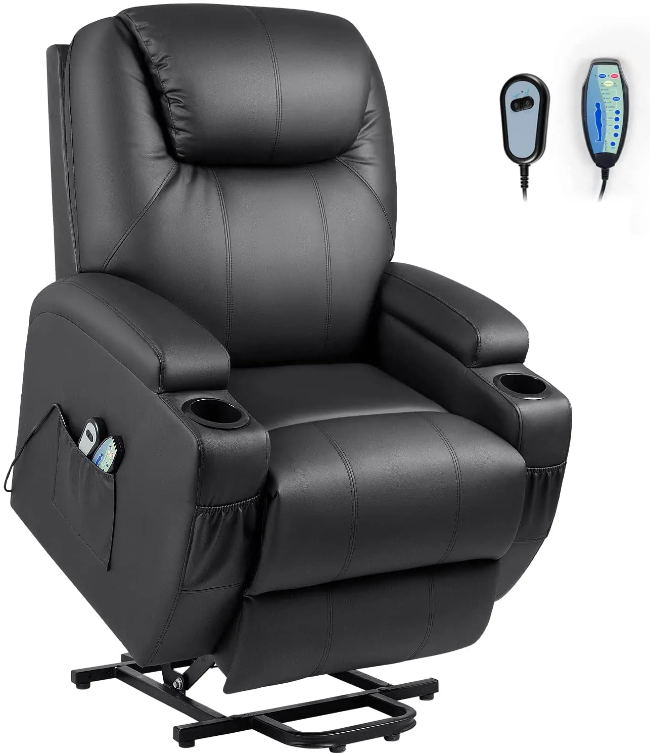 Reclining Lift Chair w/Massage and Heat Functions, PU Leather, Cup Holders