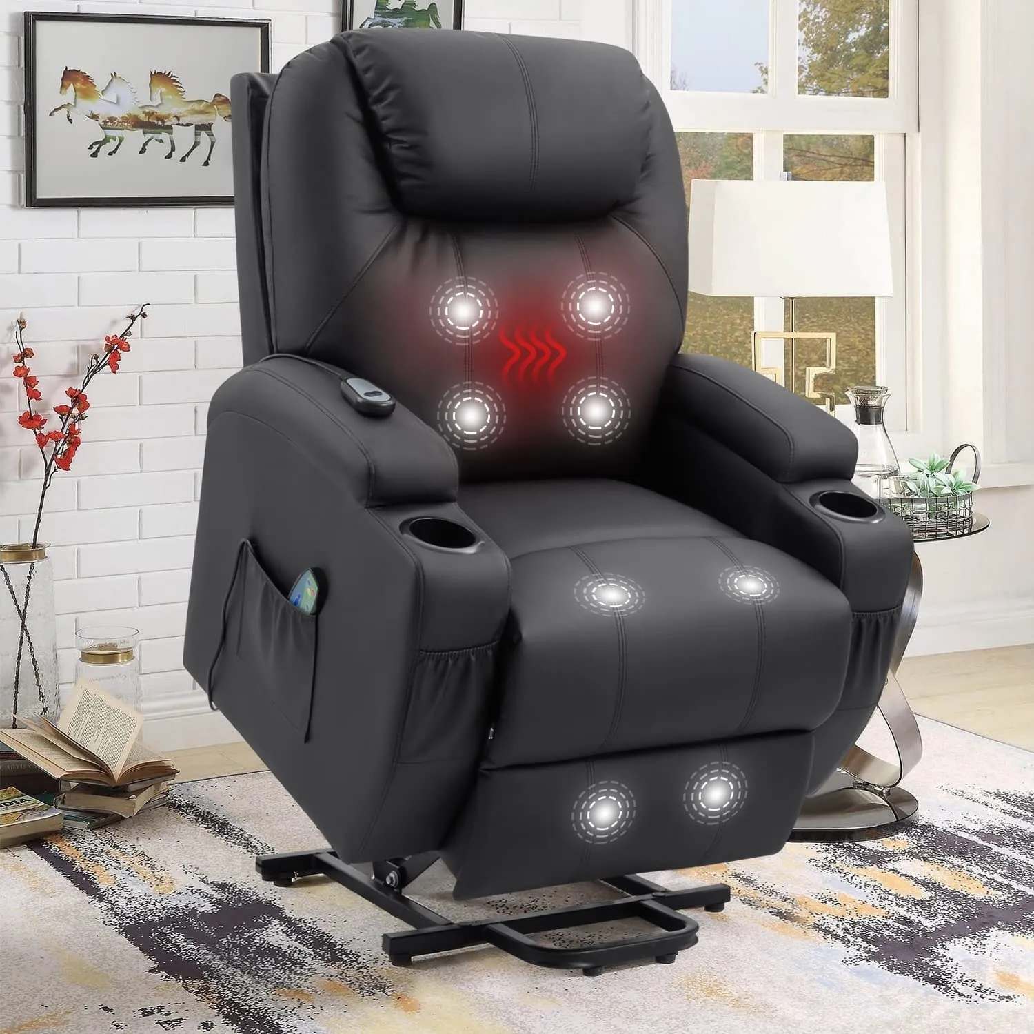 Reclining Lift Chair w/Massage and Heat Functions, PU Leather, Cup Holders