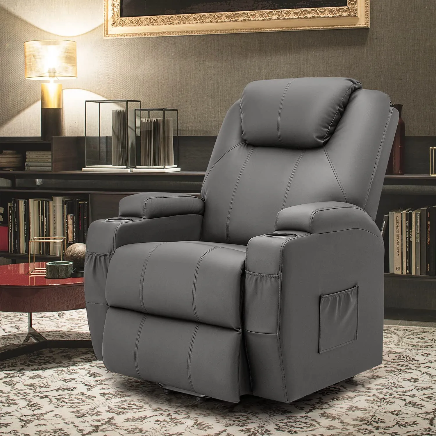 Reclining Lift Chair w/Massage and Heat Functions, PU Leather, Cup Holders