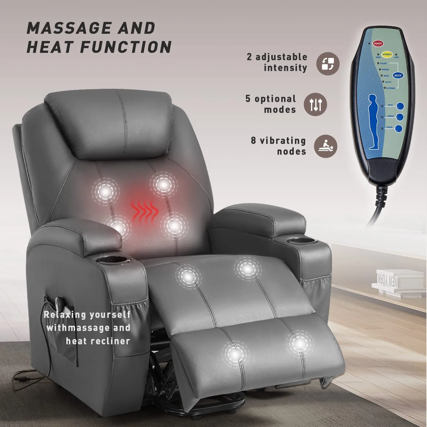 Reclining Lift Chair w/Massage and Heat Functions, PU Leather, Cup Holders