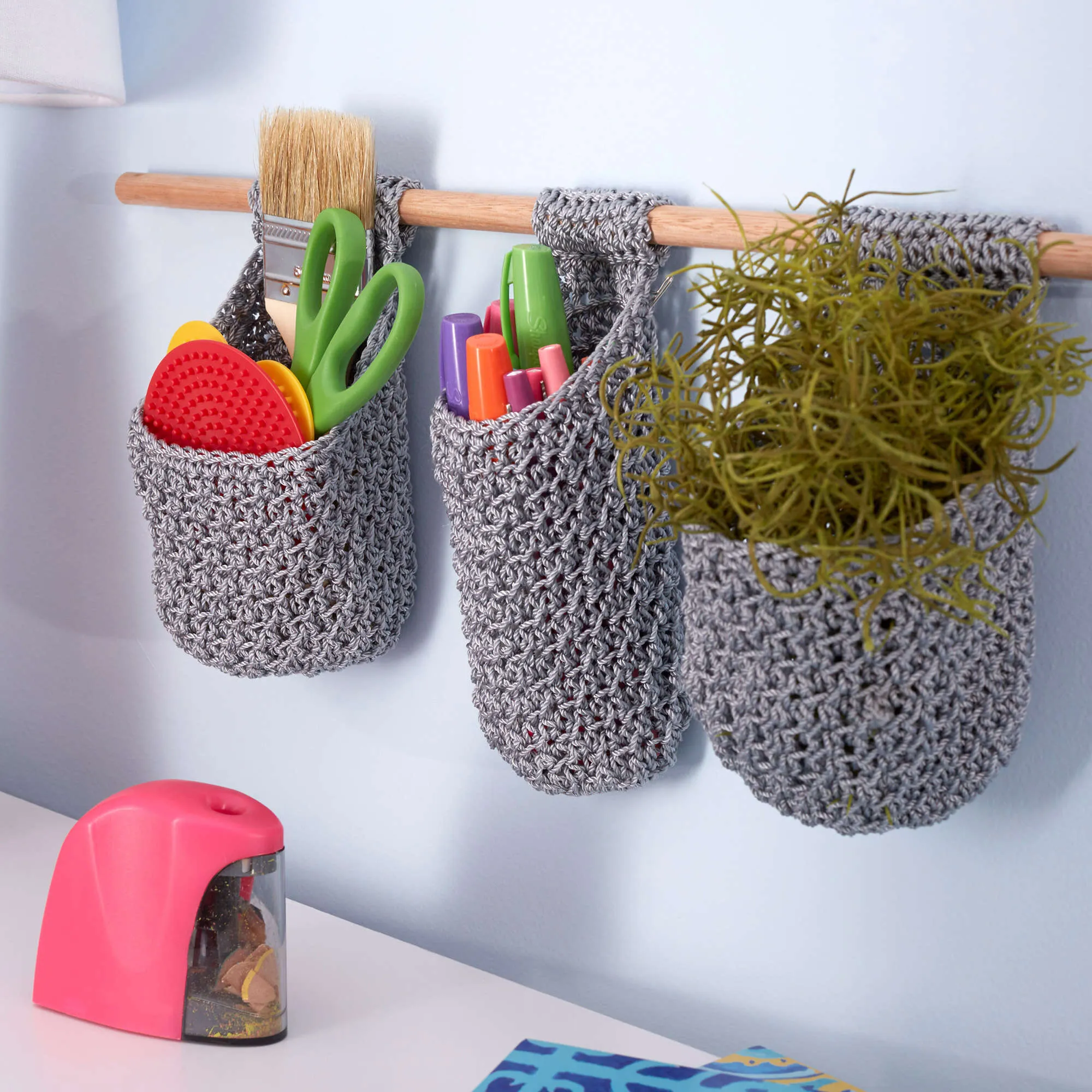 Red Heart Crochet Hanging Baskets On Dowel