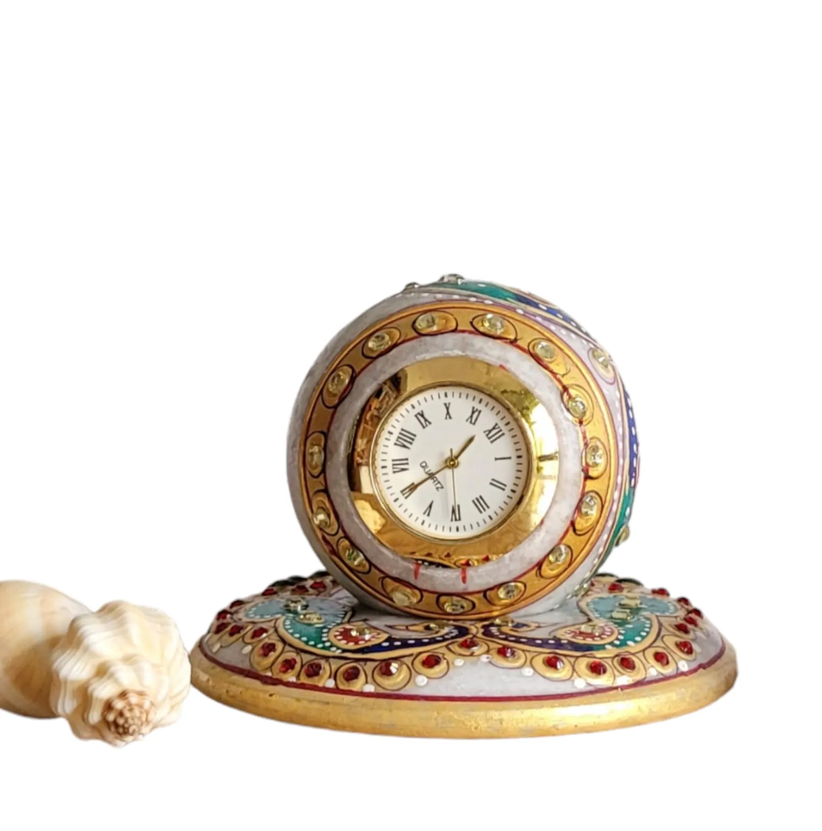 RM Table Clock | Handcrafted Meenakari Work Clock |Decorative Office Table Marble Ball Shape Watch | Marble Table Clock | Marble Round Table Clock | Marble Meenakari Study Table Clock