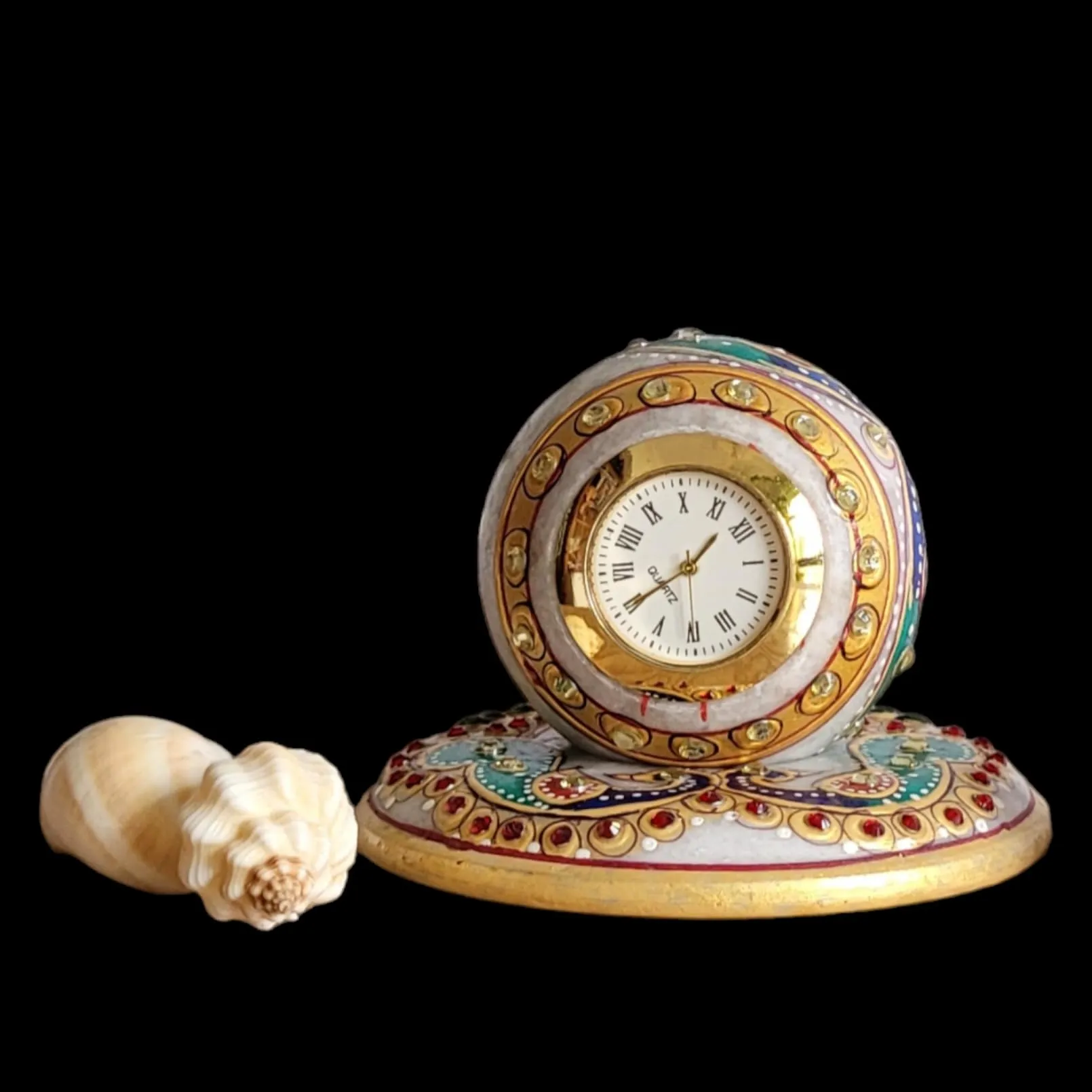 RM Table Clock | Handcrafted Meenakari Work Clock |Decorative Office Table Marble Ball Shape Watch | Marble Table Clock | Marble Round Table Clock | Marble Meenakari Study Table Clock