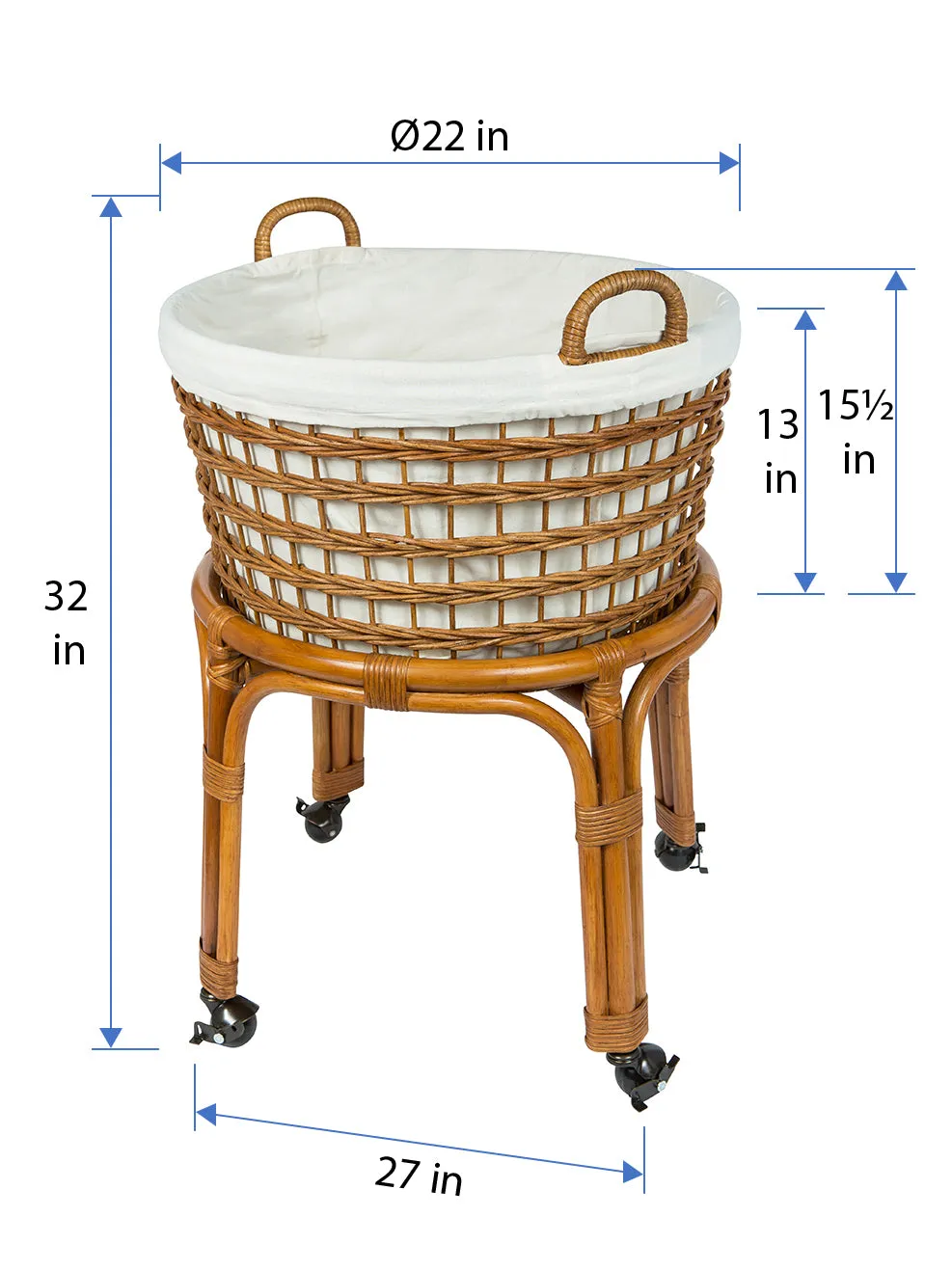 Rolling Wicker Laundry Basket and Hamper with Cotton Liner and Stand