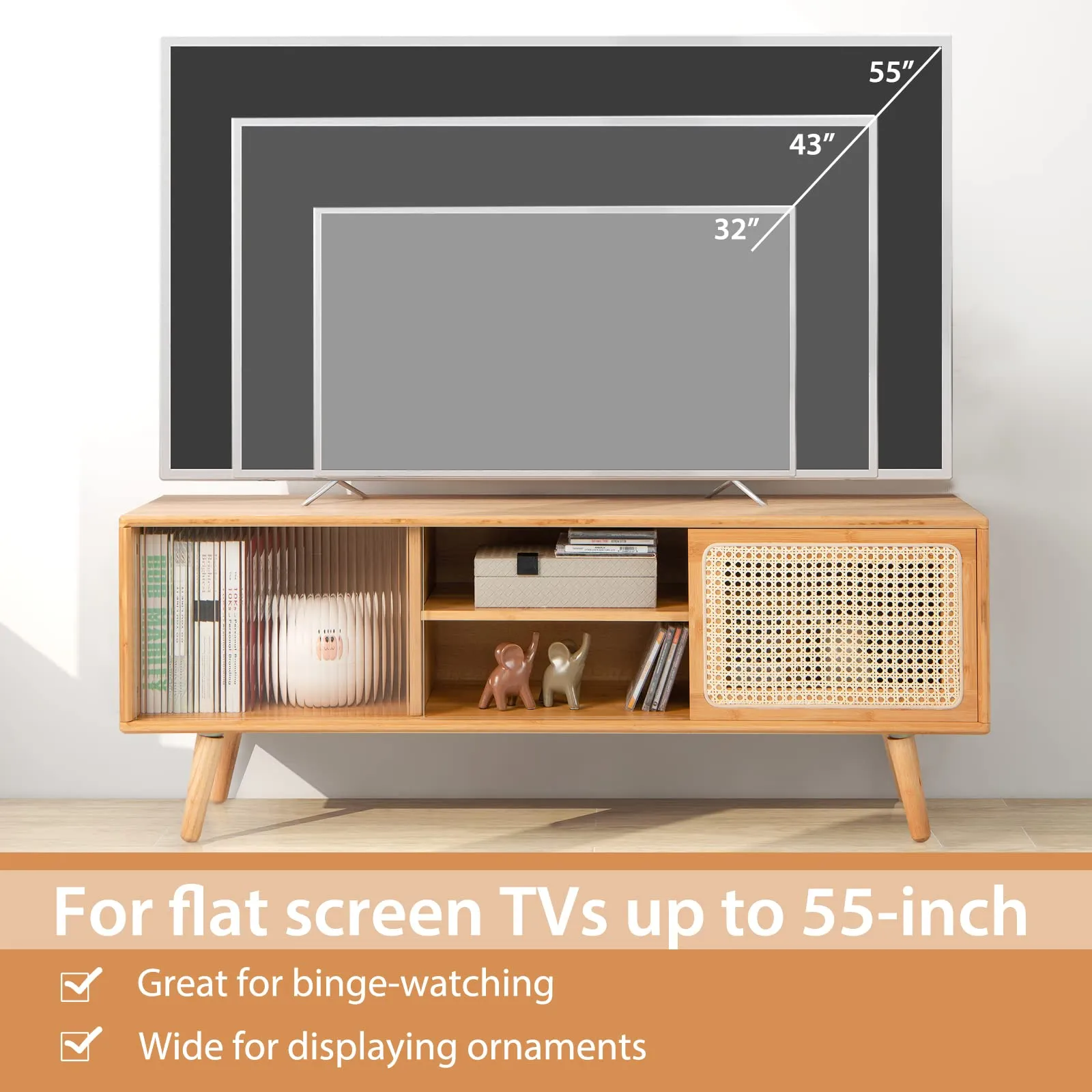 Tangkula Mid Century Modern TV Stand for TVs up to 55 Inch, Bamboo Entertainment Center w/PE Rattan & Tempered Glass Sliding Doors