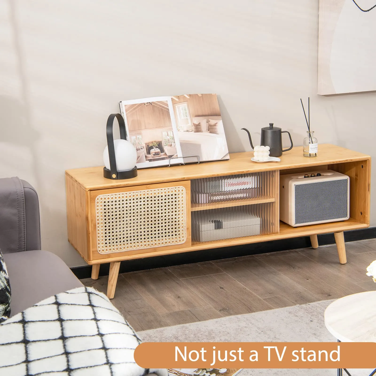 Tangkula Mid Century Modern TV Stand for TVs up to 55 Inch, Bamboo Entertainment Center w/PE Rattan & Tempered Glass Sliding Doors