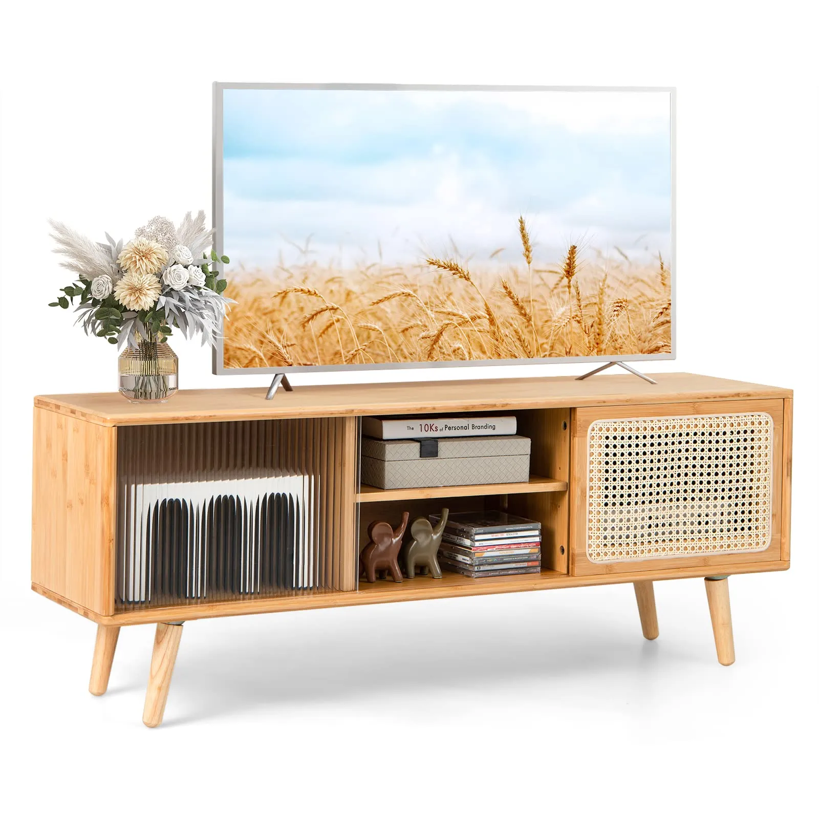 Tangkula Mid Century Modern TV Stand for TVs up to 55 Inch, Bamboo Entertainment Center w/PE Rattan & Tempered Glass Sliding Doors