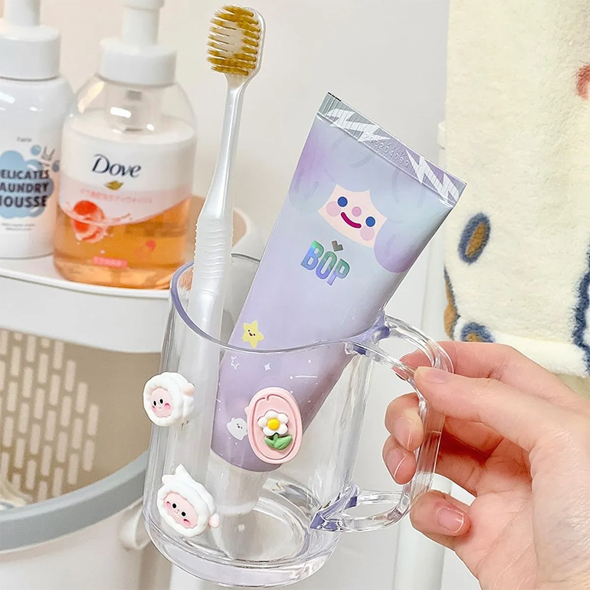 TOOTHBRUSH HOLDERS FOR BATHROOM CUPS WITH 3D CUTE STICKERS PLASTIC STAND FOR TOOTHPASTE - PACK OF 1